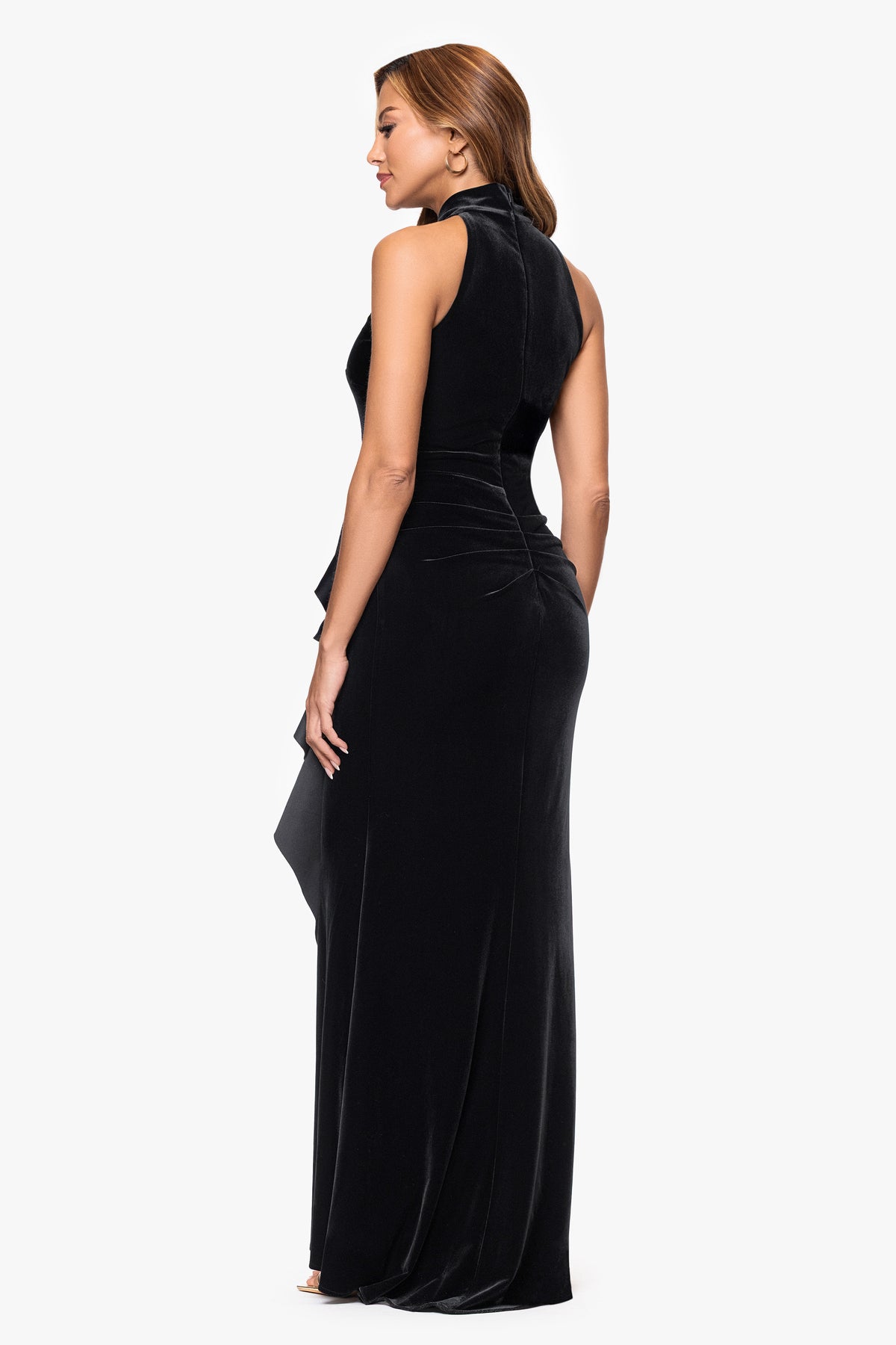 "Shelby" Stretch Velvet Side Ruched Ruffle Dress