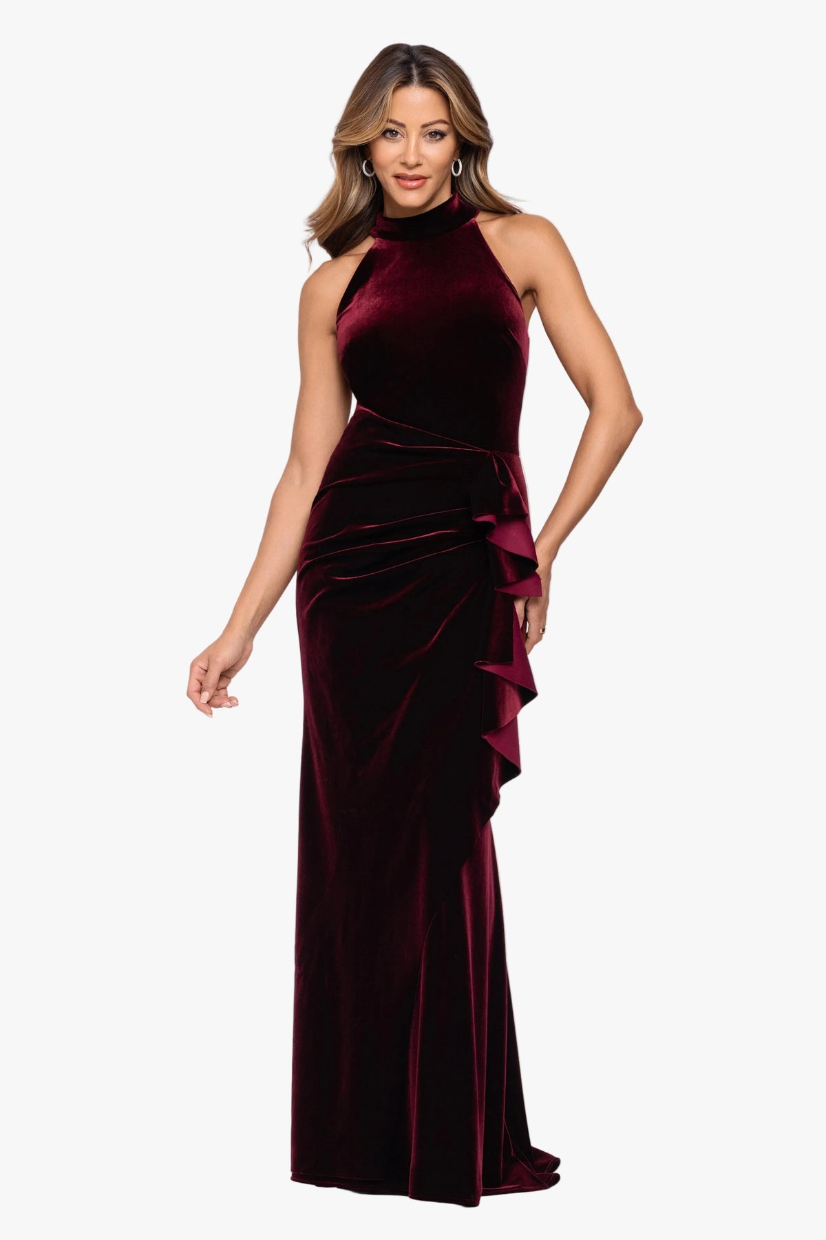 "Shelby" Stretch Velvet Side Ruched Ruffle Dress