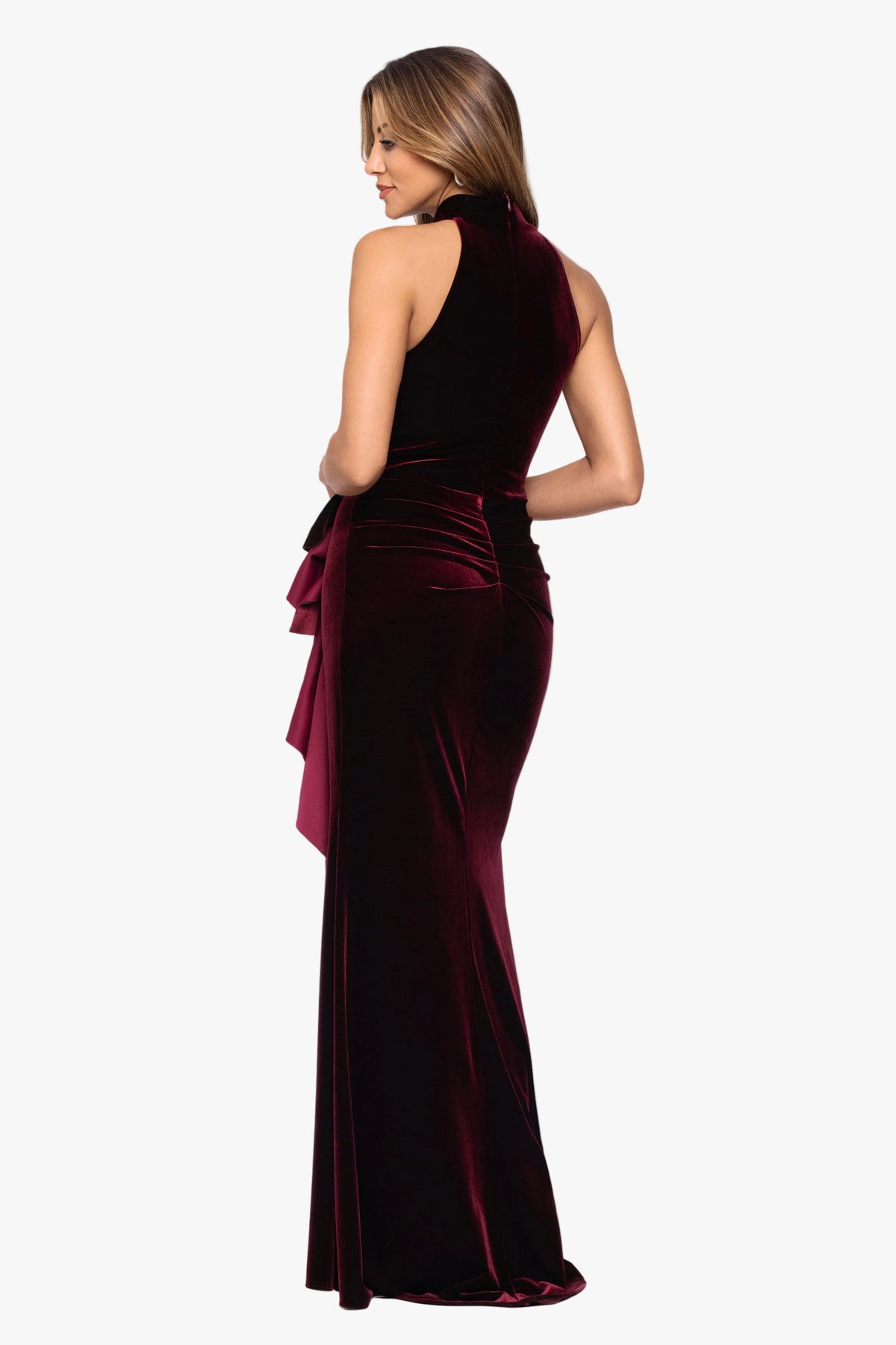 "Shelby" Stretch Velvet Side Ruched Ruffle Dress