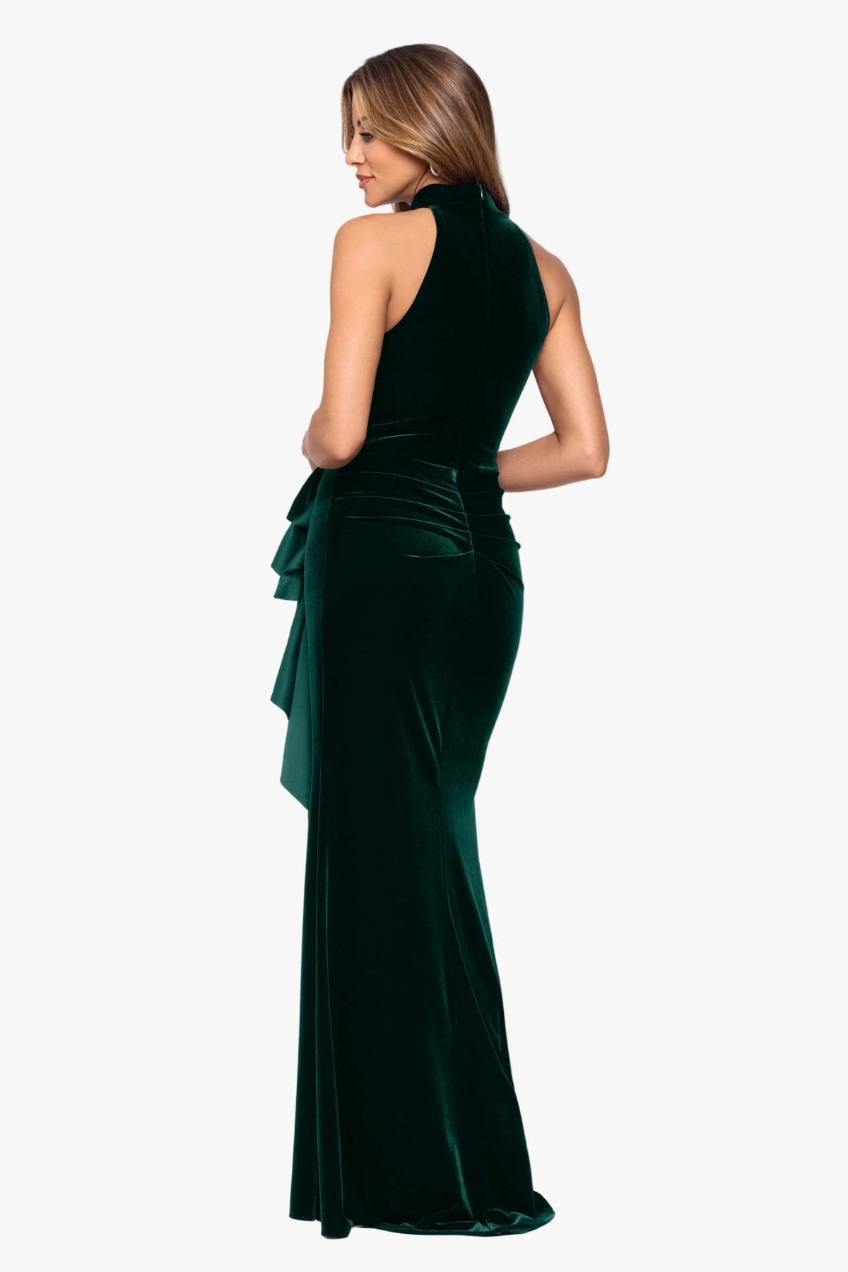 "Shelby" Stretch Velvet Side Ruched Ruffle Dress