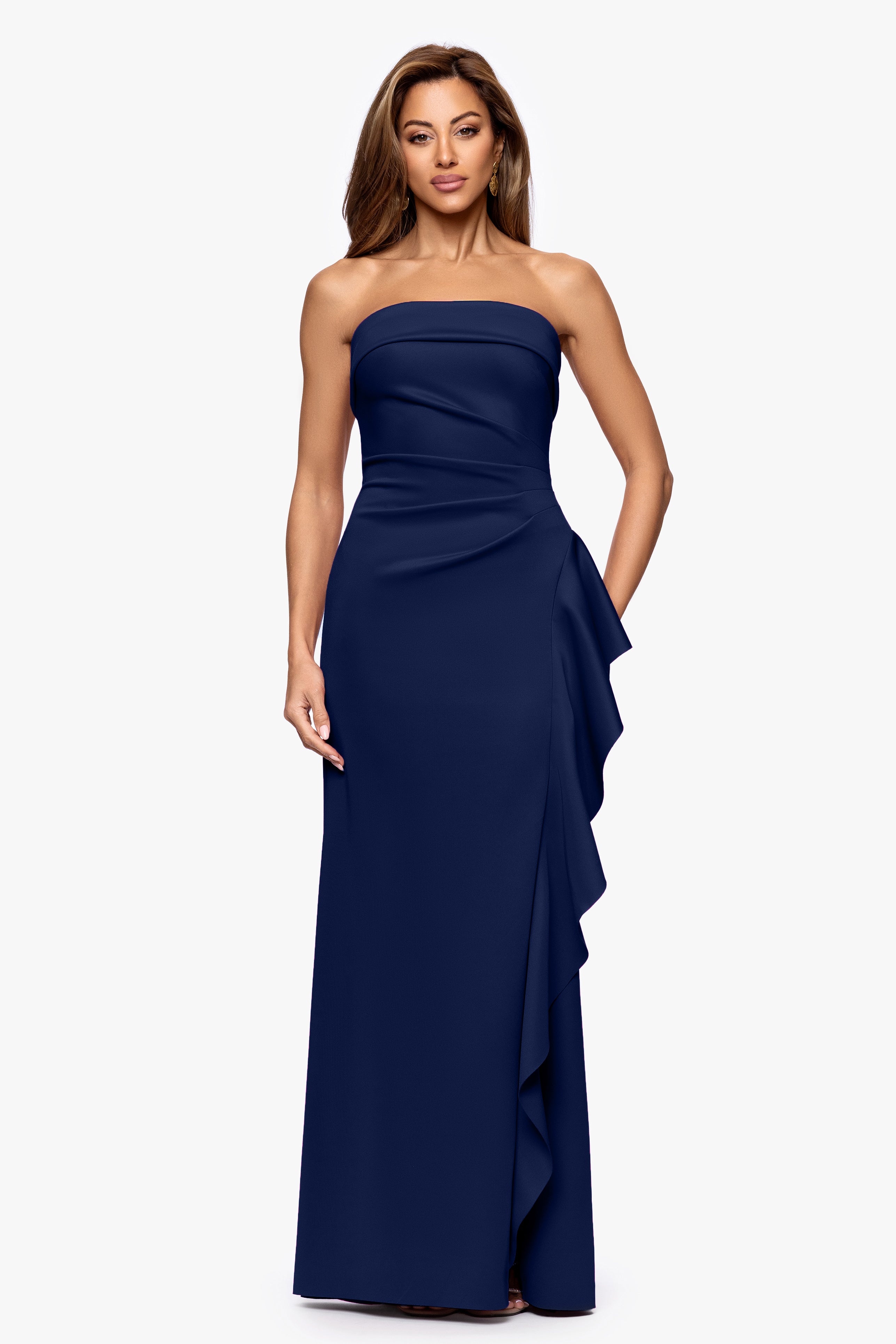 Petite "Jacqueline" Techno Scuba Strapless Ruffle Floor Length Dress