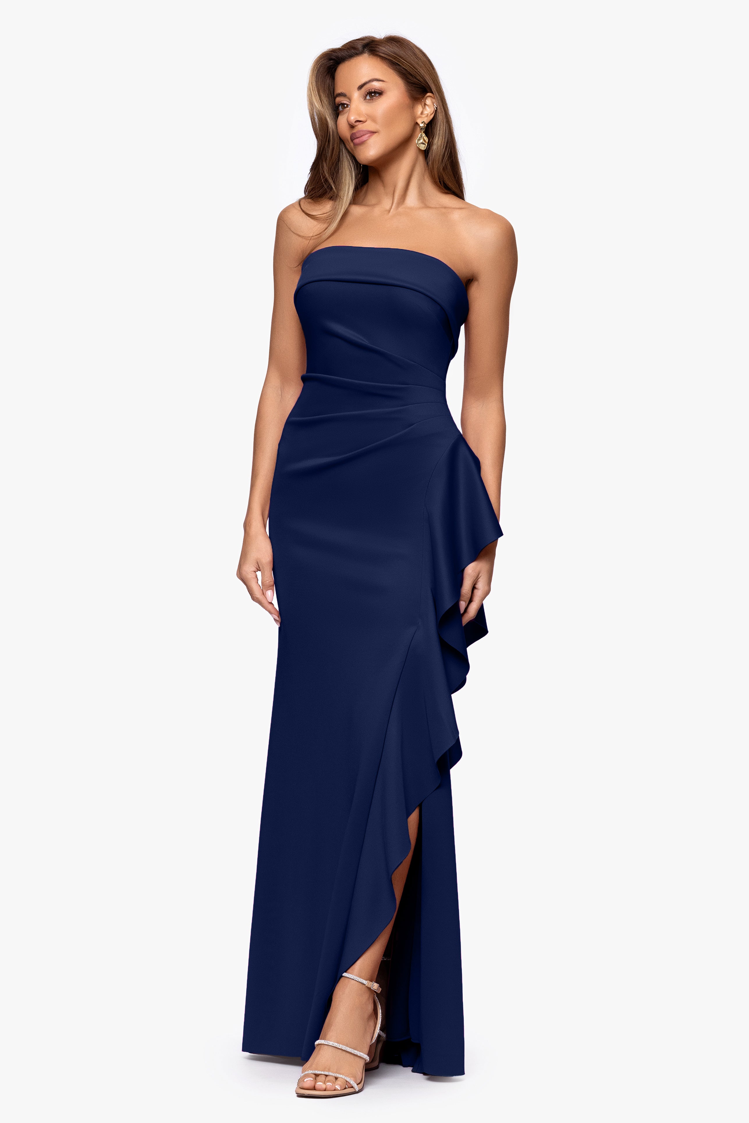 Petite "Jacqueline" Techno Scuba Strapless Ruffle Floor Length Dress
