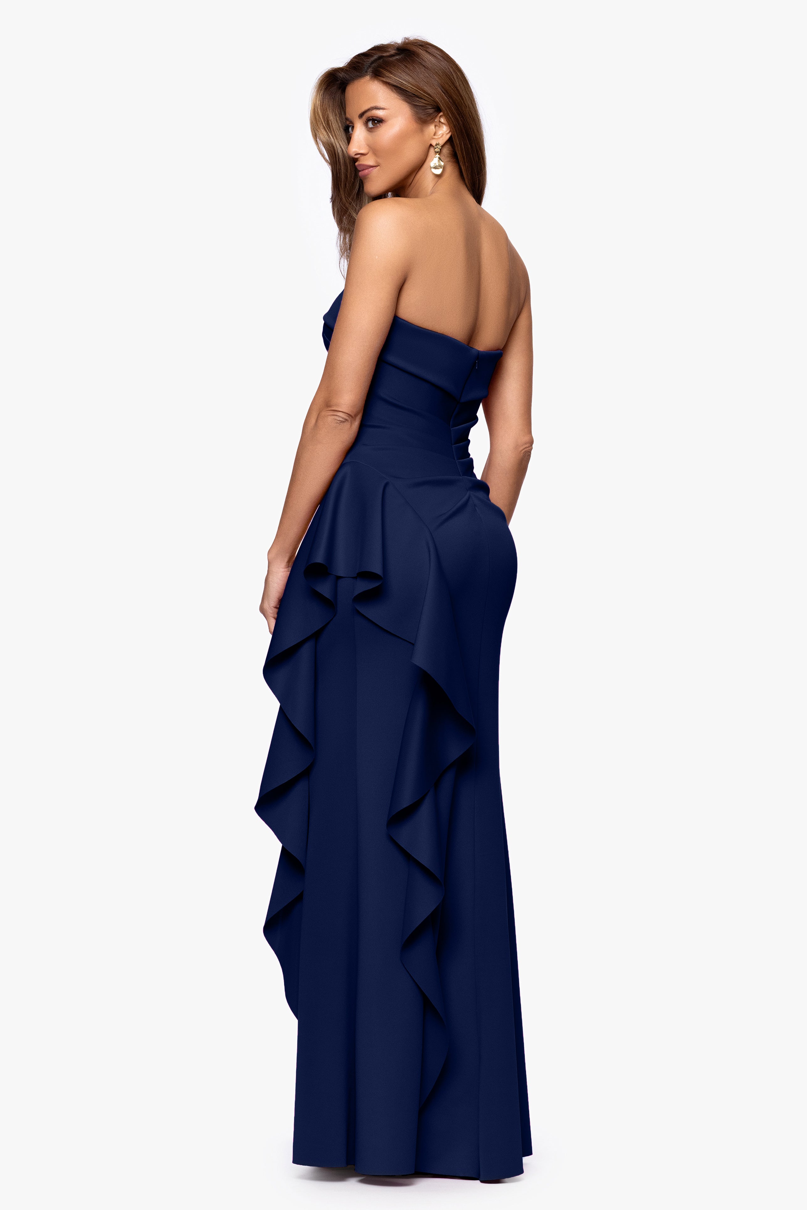 Petite "Jacqueline" Techno Scuba Strapless Ruffle Floor Length Dress