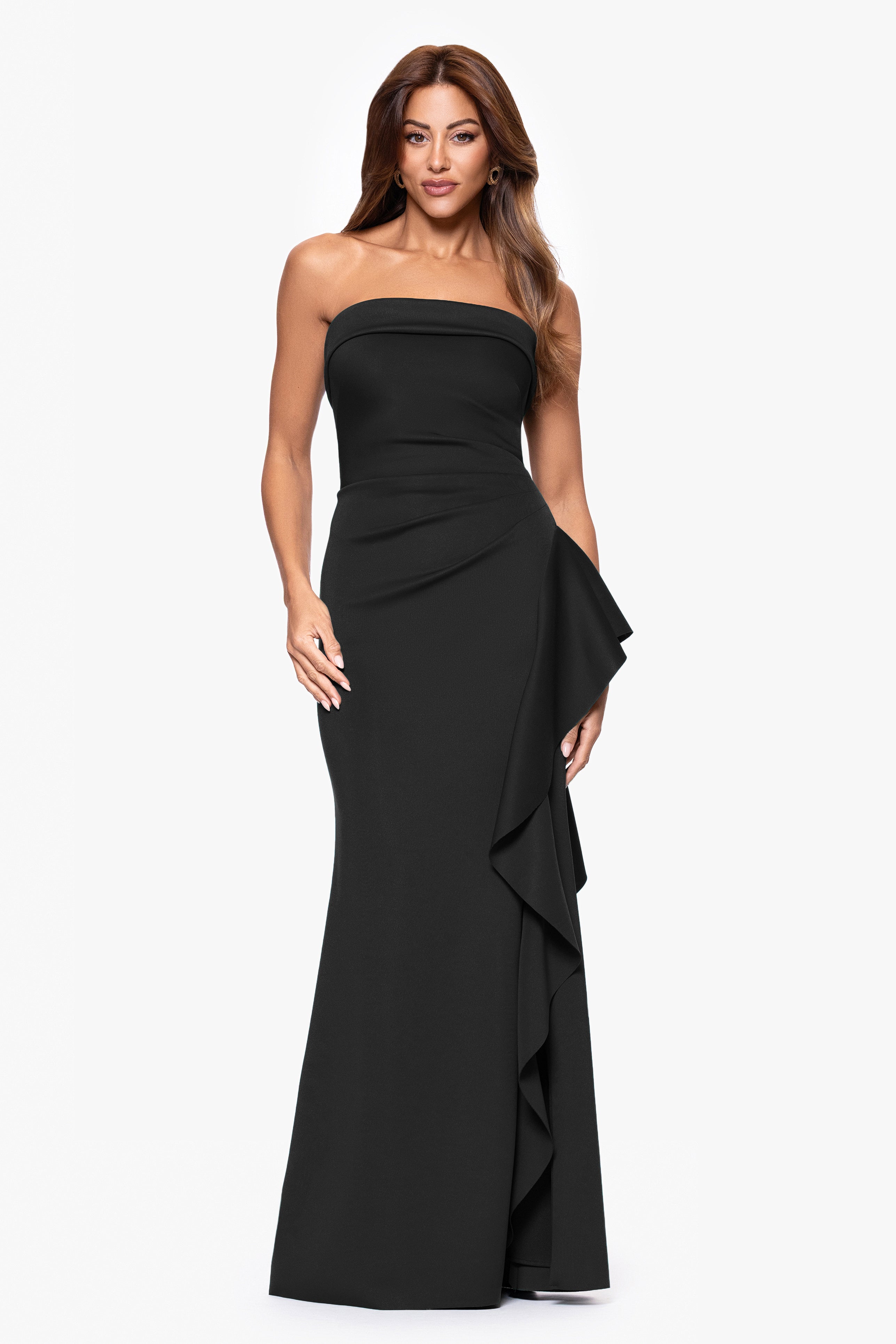 "Jacqueline" Techno Scuba Strapless Ruffle Floor Length Dress