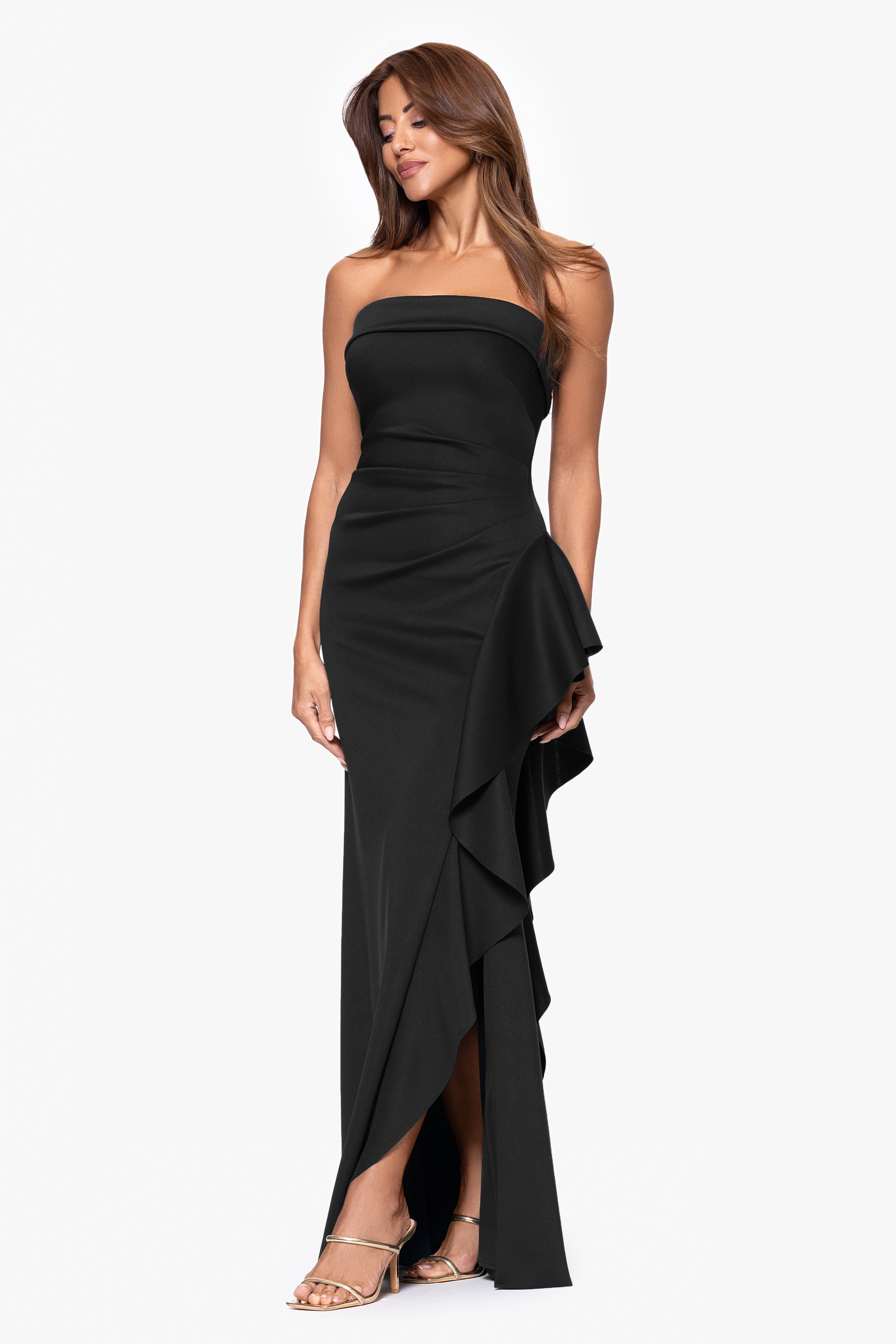 "Jacqueline" Techno Scuba Strapless Ruffle Floor Length Dress
