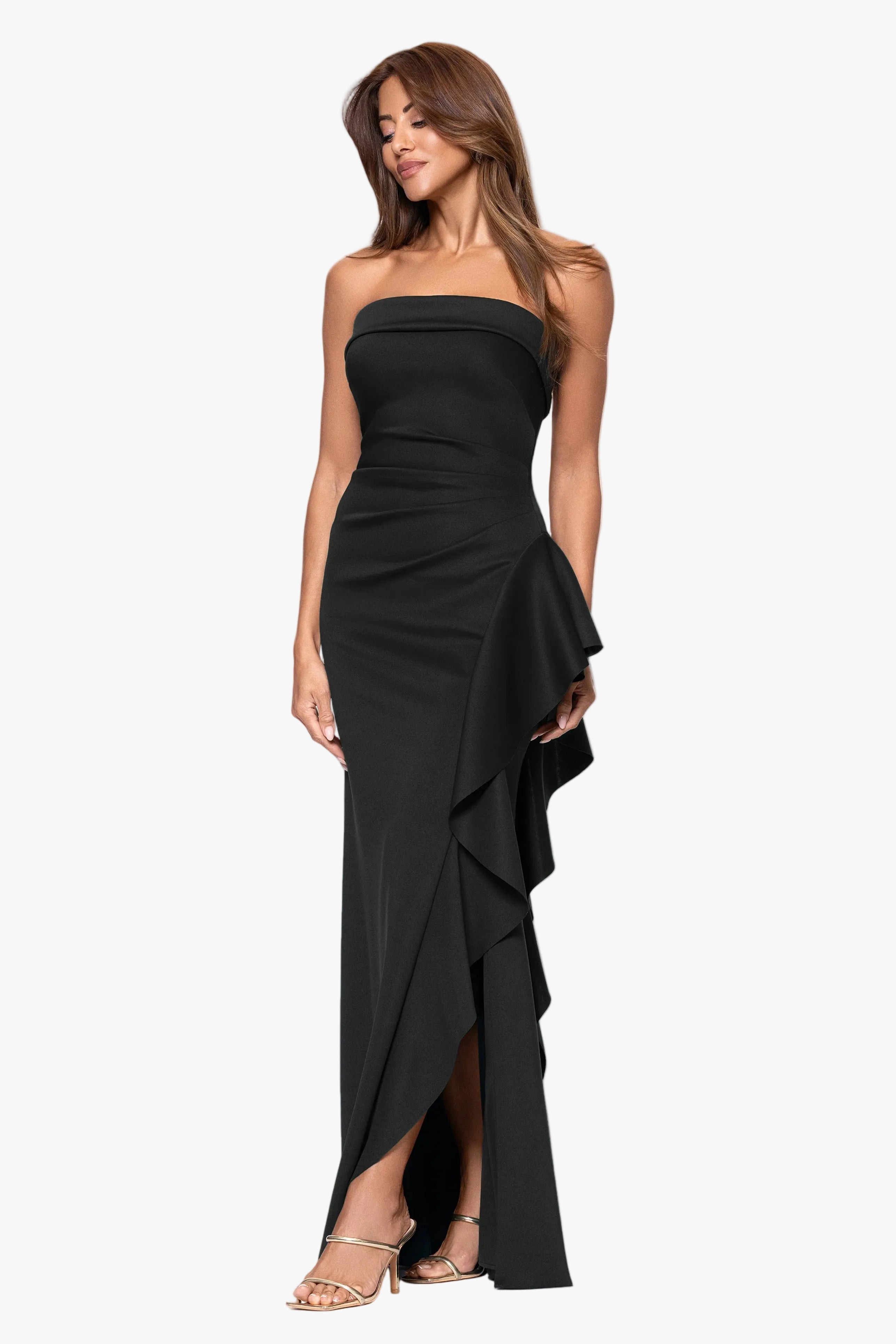 Petite "Jacqueline" Techno Scuba Strapless Ruffle Floor Length Dress