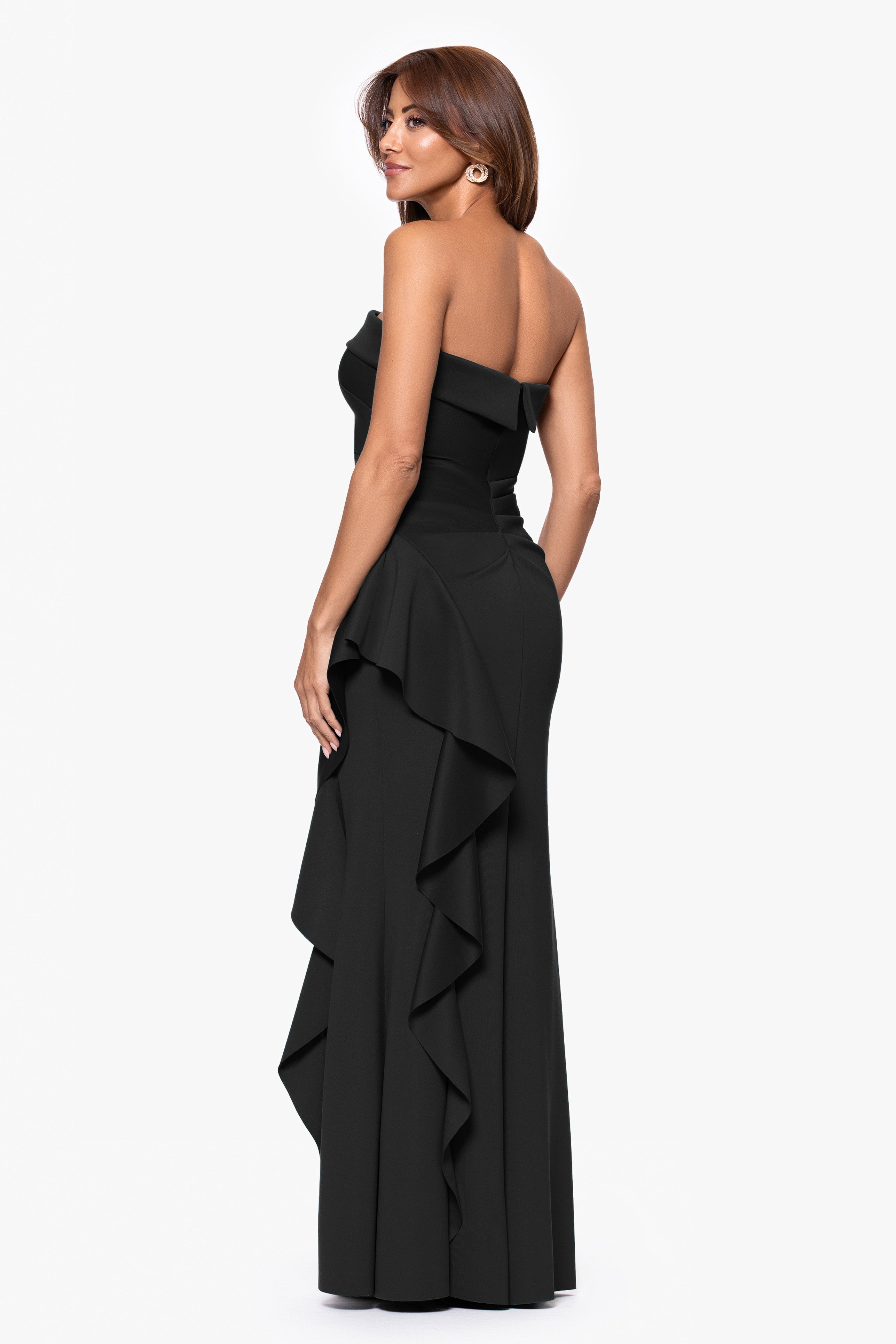 "Jacqueline" Techno Scuba Strapless Ruffle Floor Length Dress