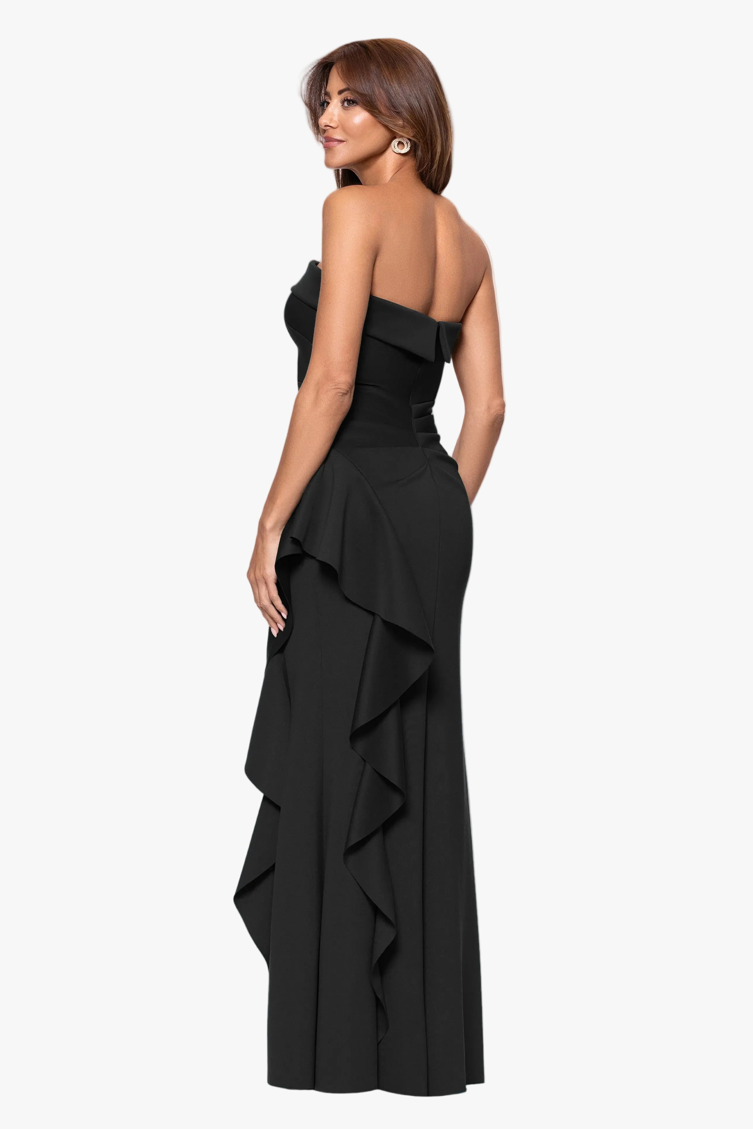 Petite "Jacqueline" Techno Scuba Strapless Ruffle Floor Length Dress