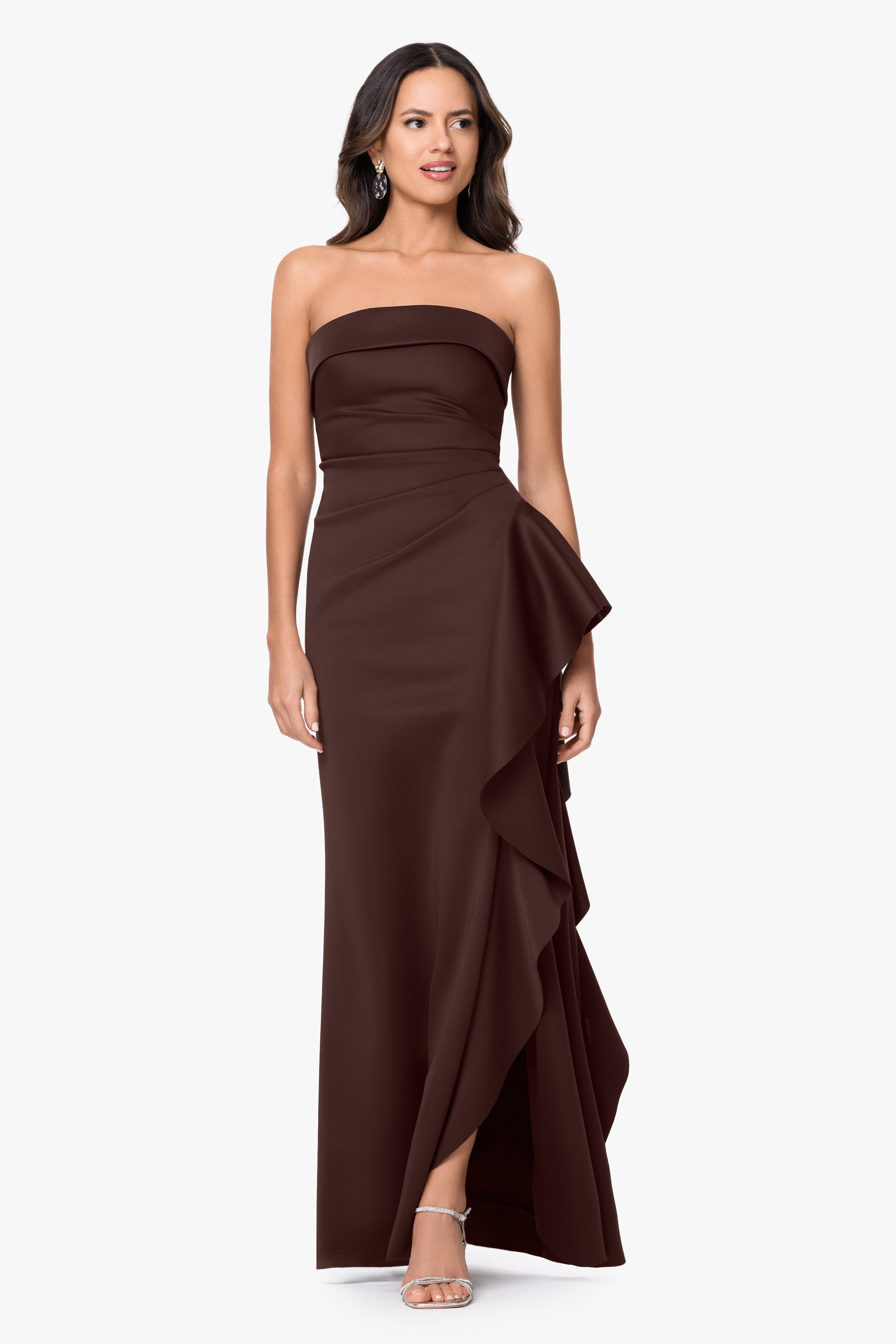 Petite "Jacqueline" Techno Scuba Strapless Ruffle Floor Length Dress