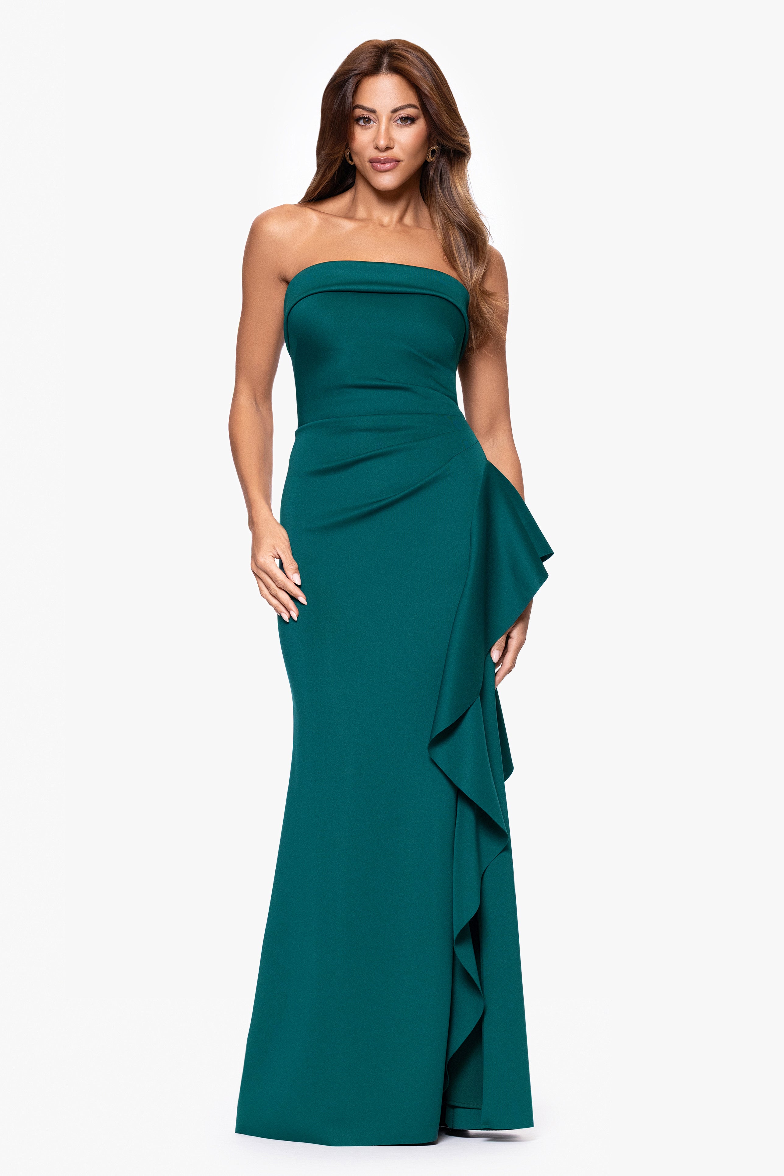 "Jacqueline" Techno Scuba Strapless Ruffle Floor Length Dress