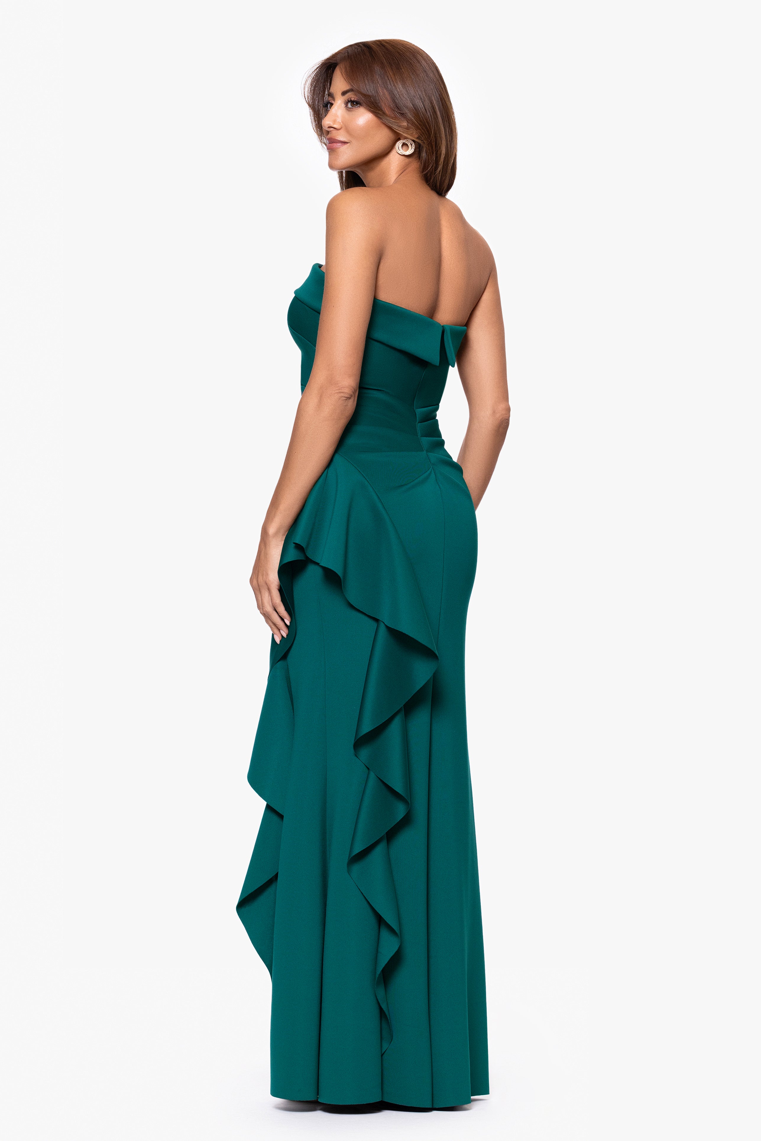 "Jacqueline" Techno Scuba Strapless Ruffle Floor Length Dress