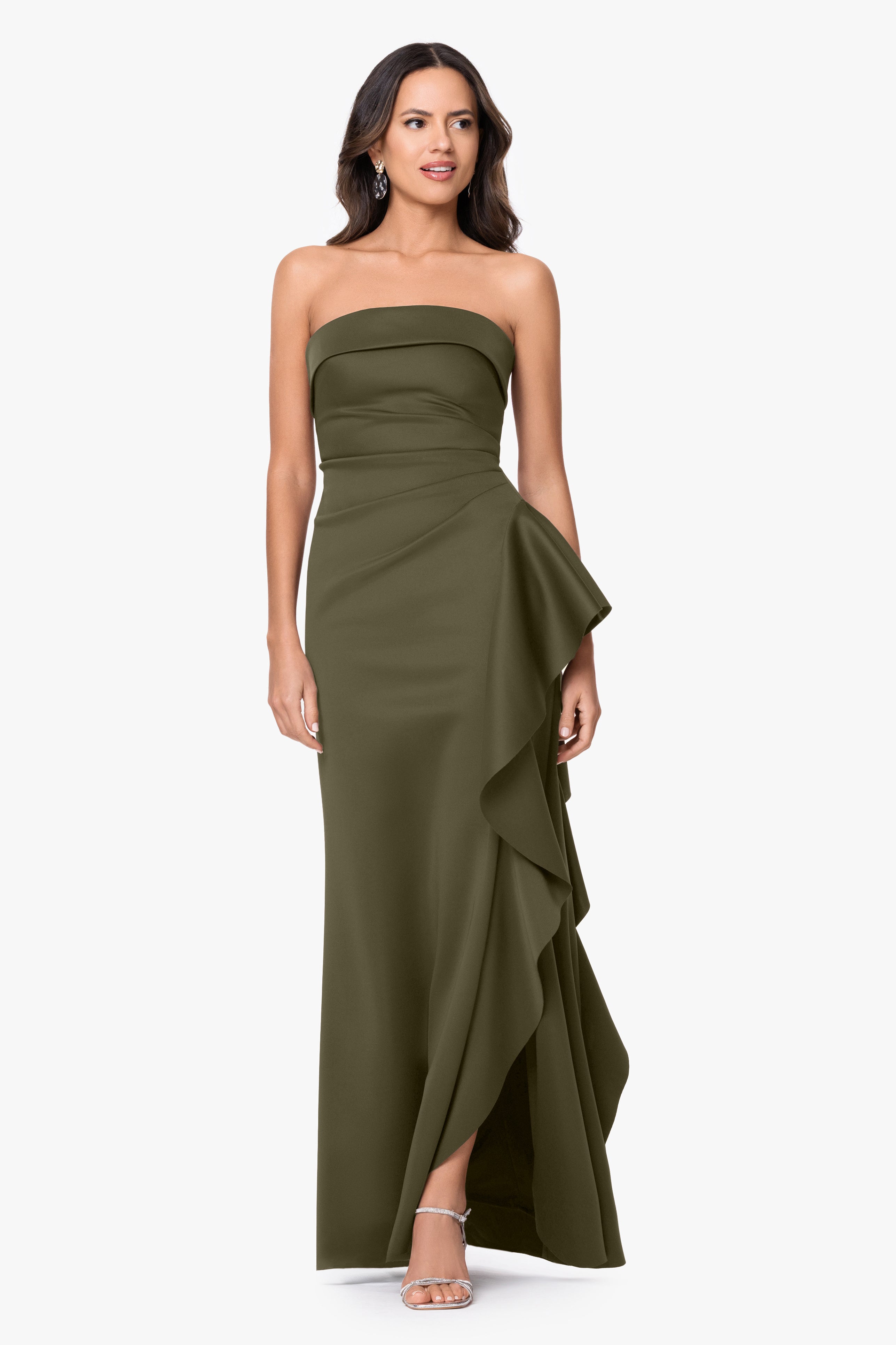 Petite "Jacqueline" Techno Scuba Strapless Ruffle Dress