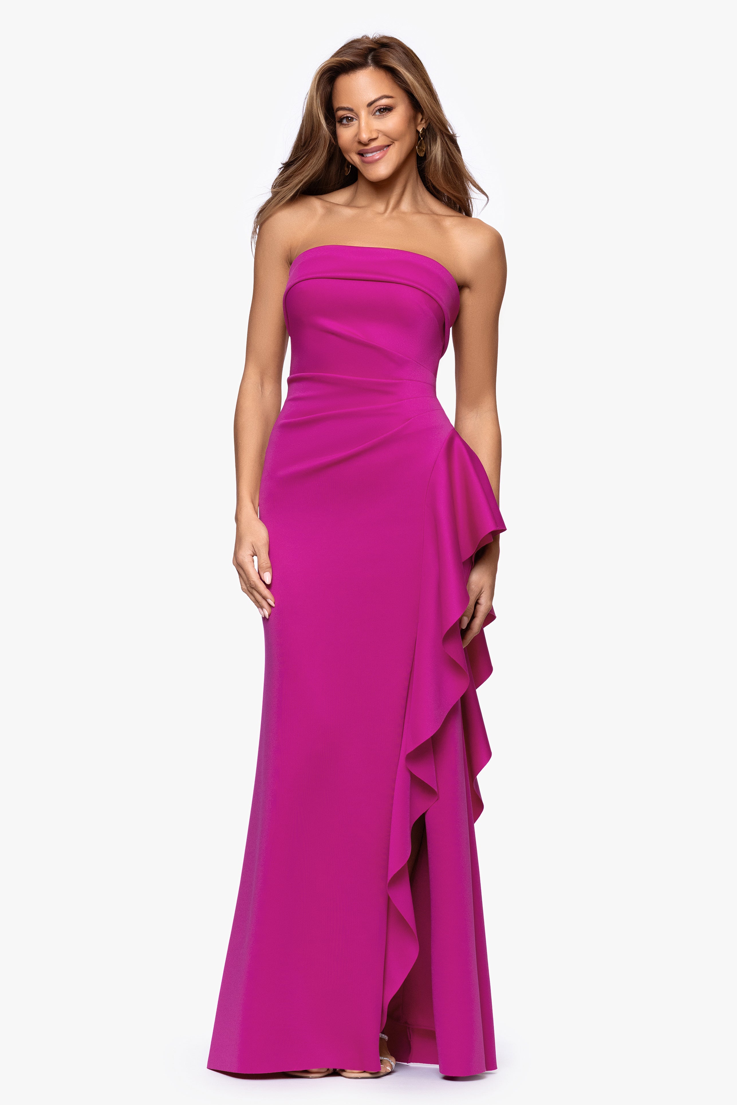 Petite "Jacqueline" Techno Scuba Strapless Ruffle Floor Length Dress