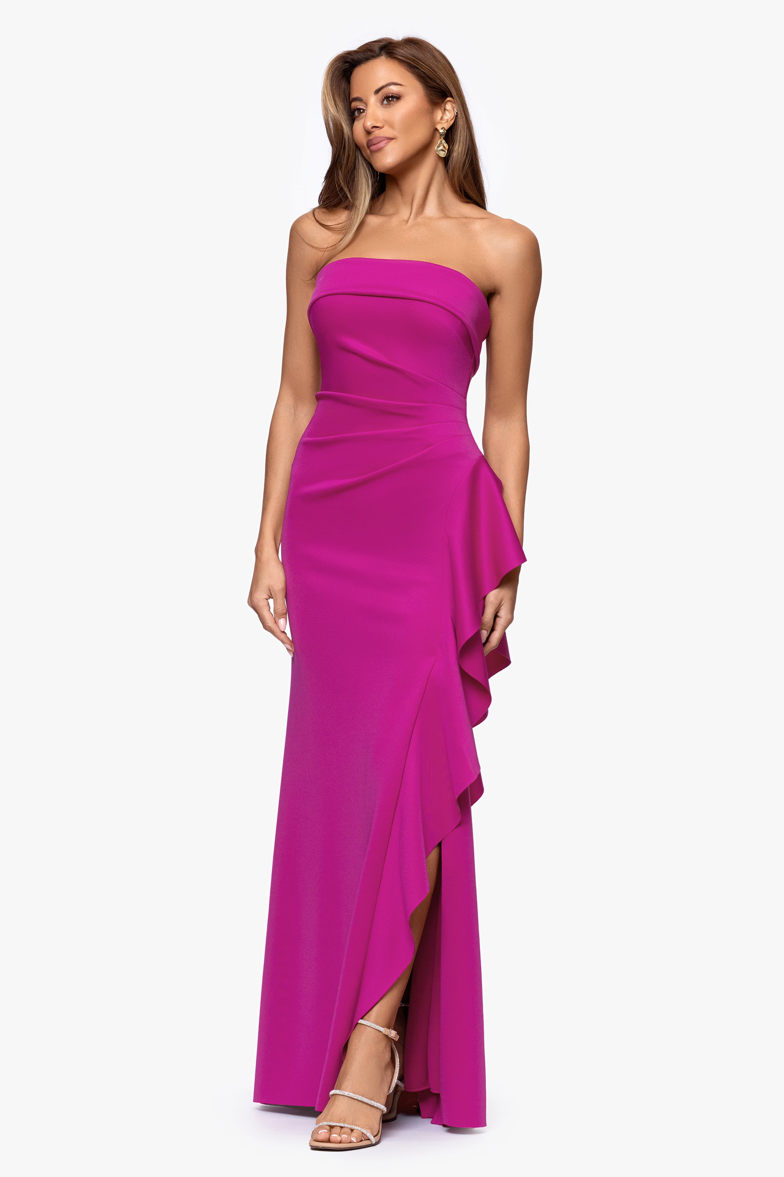 Petite "Jacqueline" Techno Scuba Strapless Ruffle Floor Length Dress