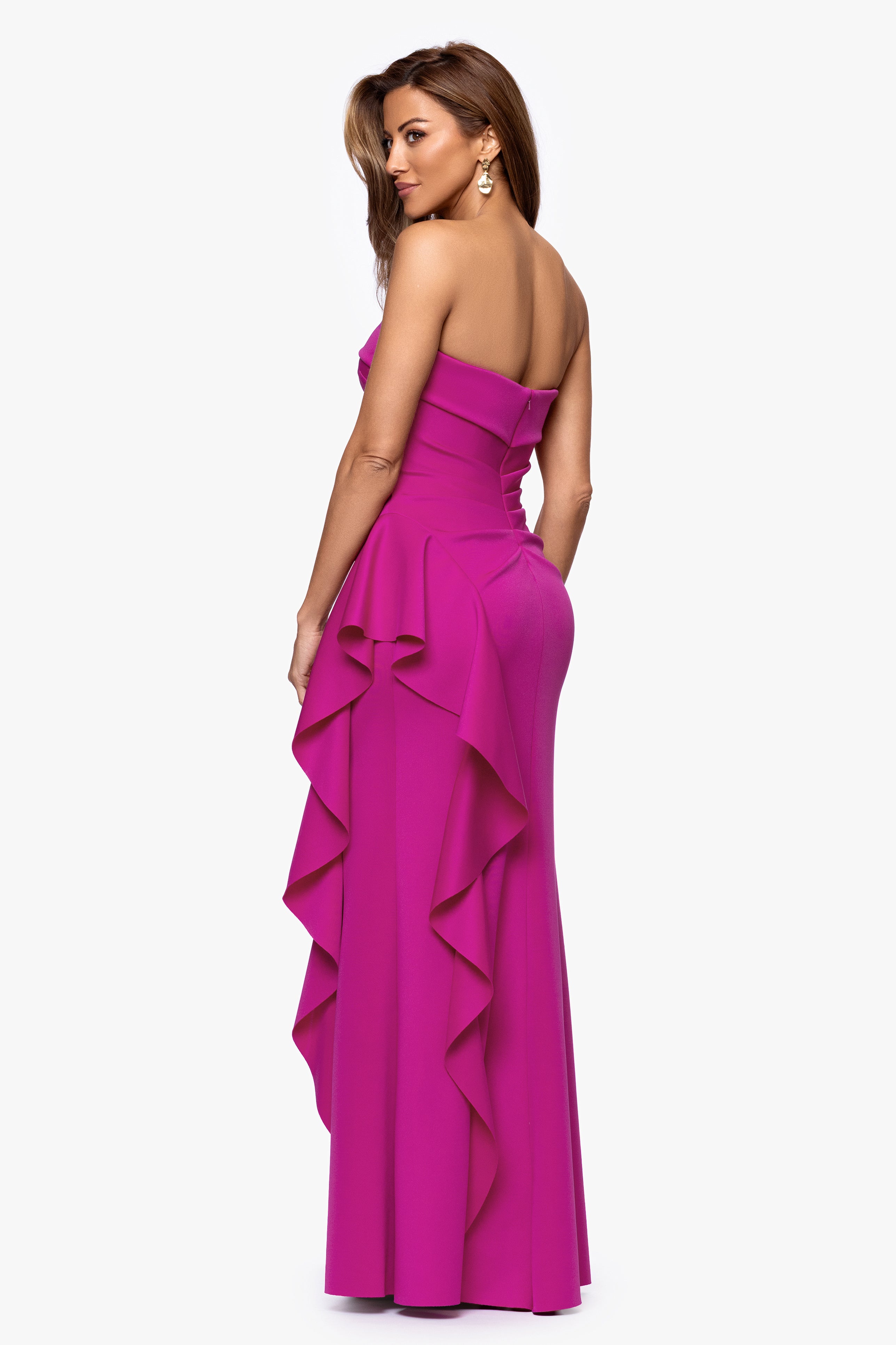 Petite "Jacqueline" Techno Scuba Strapless Ruffle Floor Length Dress