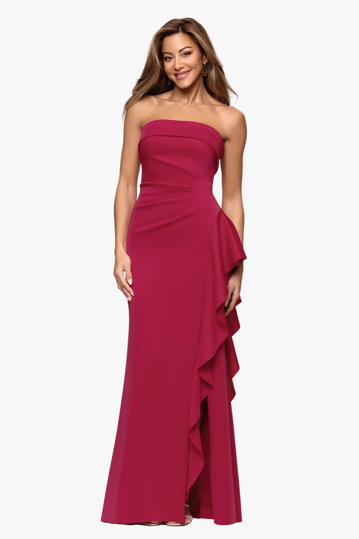 "Jacqueline" Techno Scuba Strapless Ruffle Dress