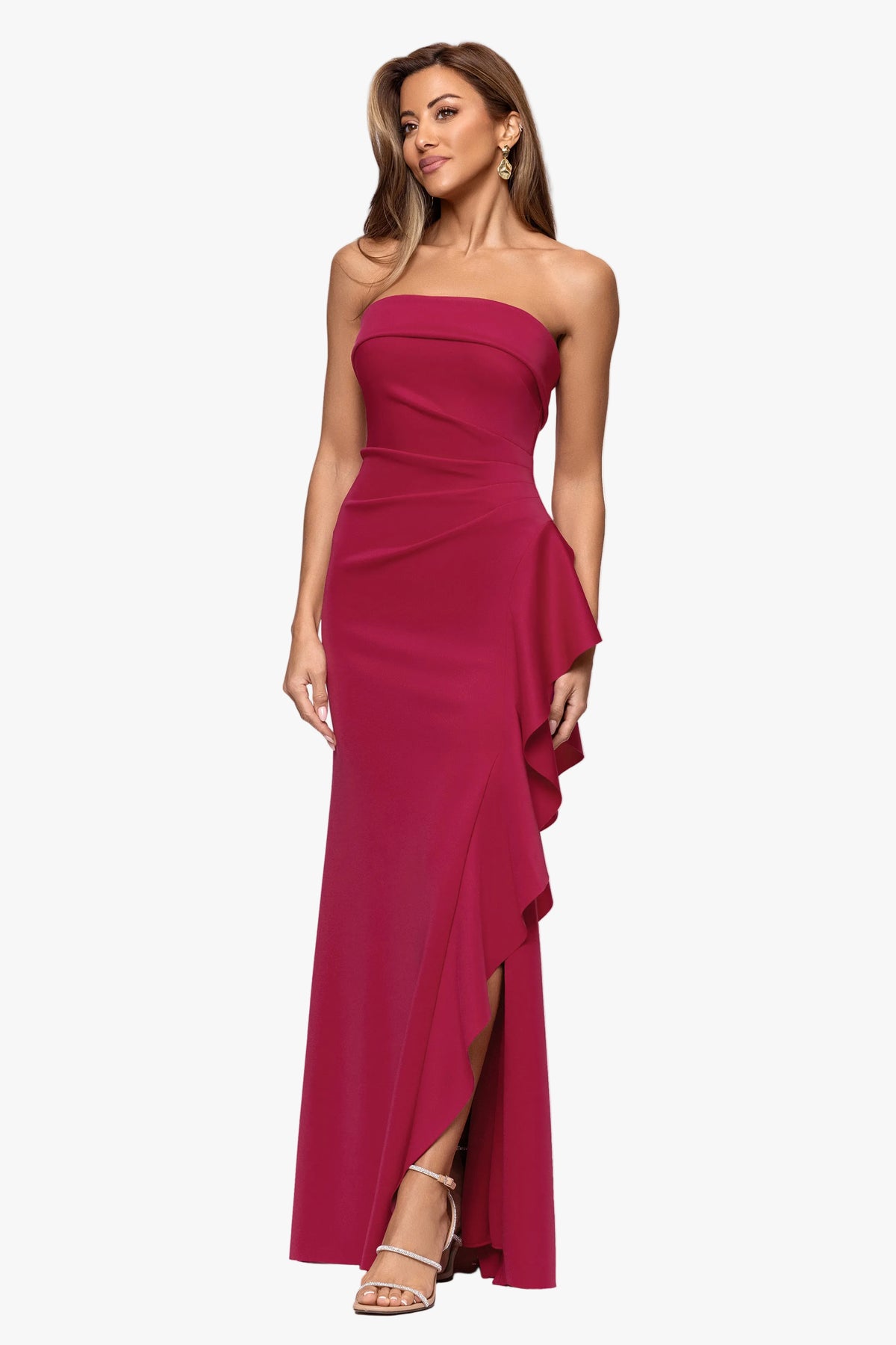 "Jacqueline" Techno Scuba Strapless Ruffle Dress
