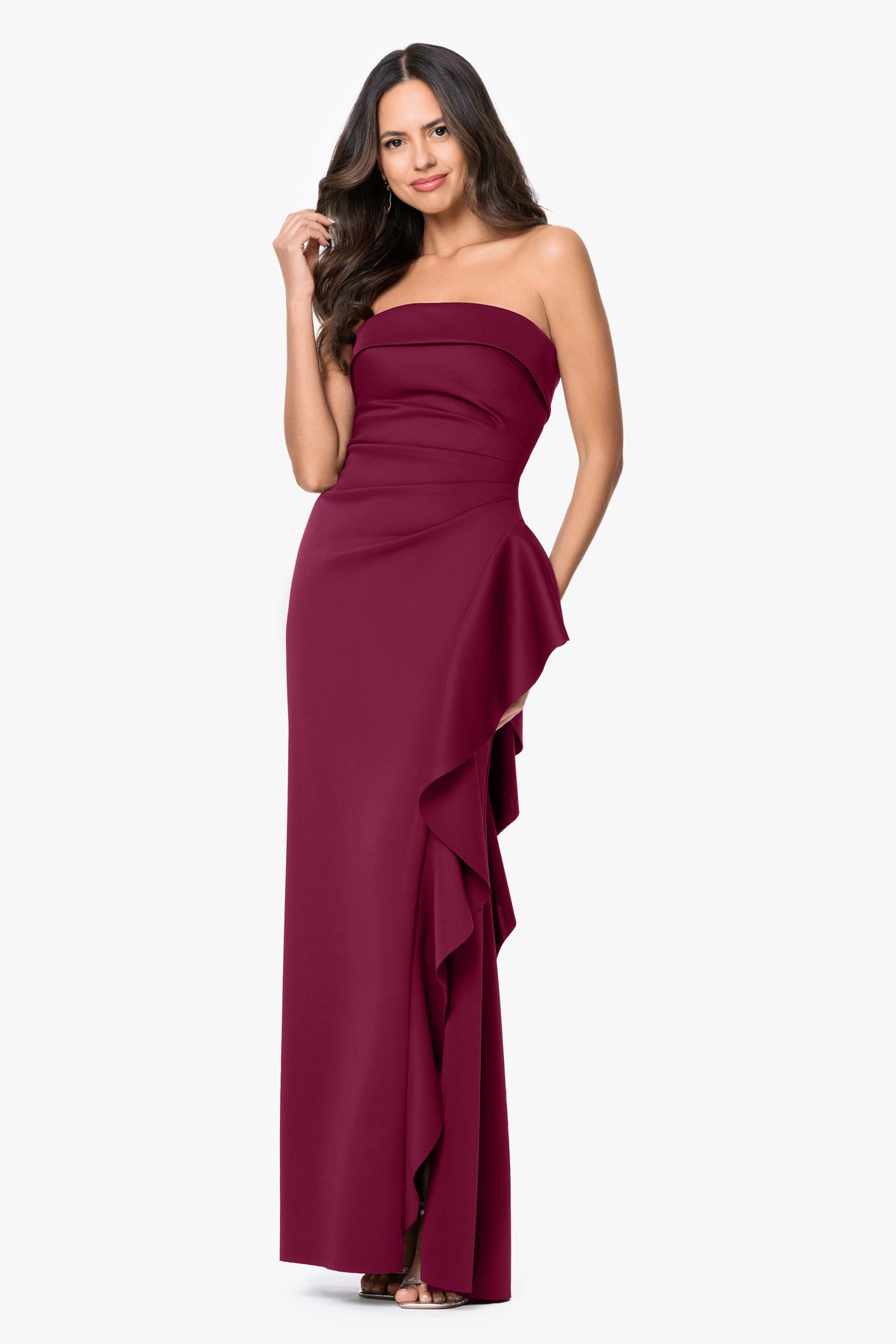 "Jacqueline" Techno Scuba Strapless Ruffle Dress