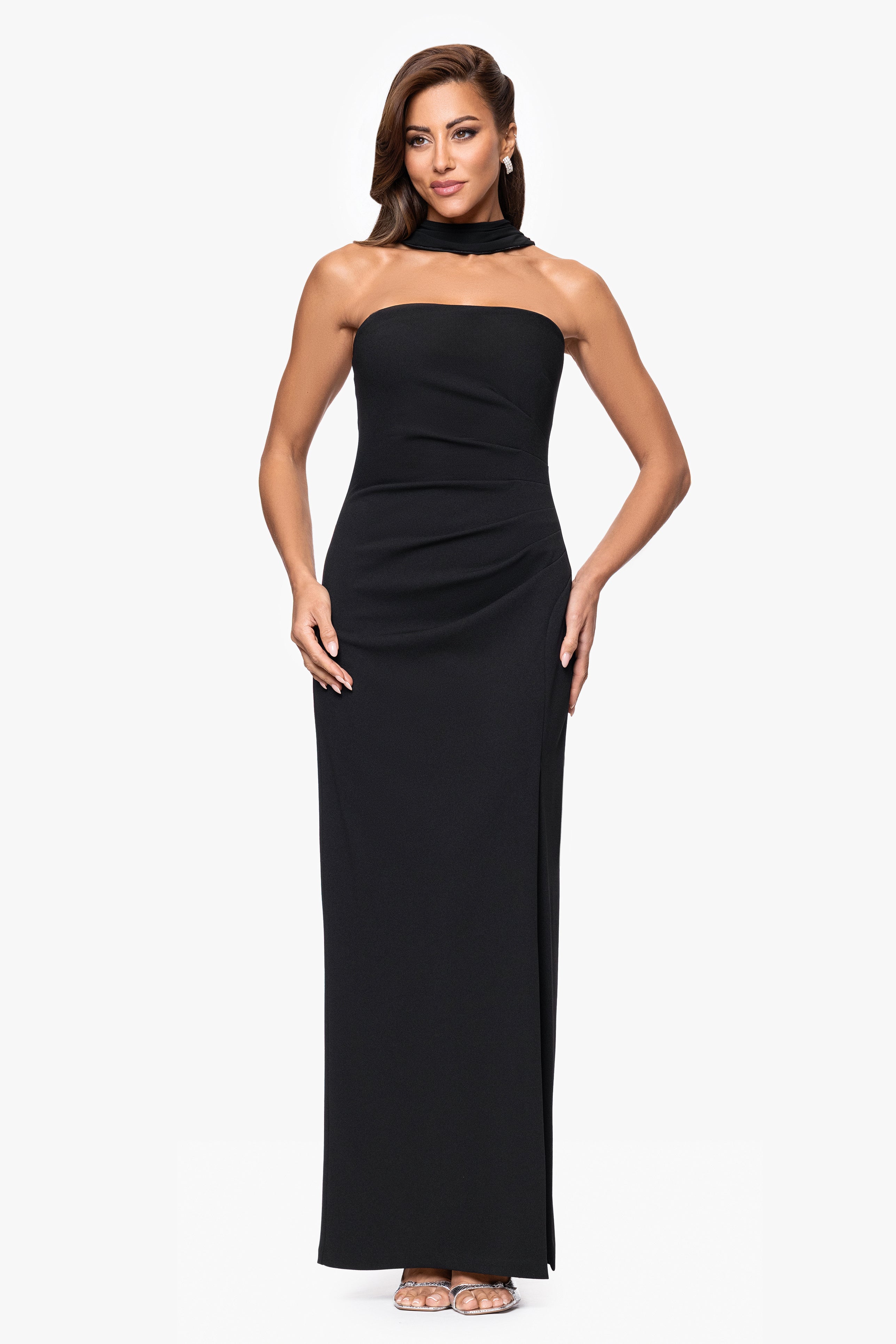 "Jackie" Scuba Crepe Strapless Floor Length Dress With Neck Drape
