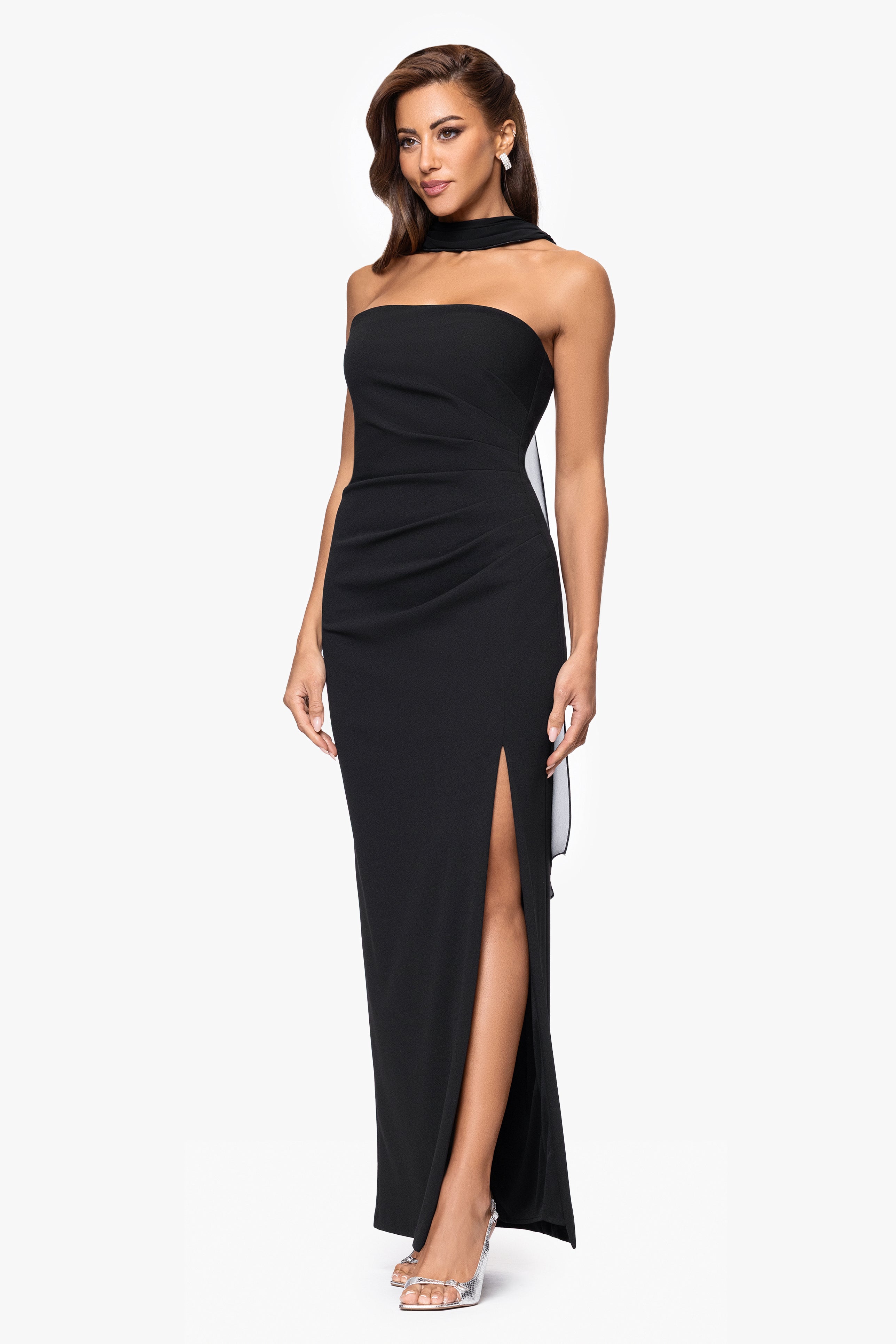"Jackie" Scuba Crepe Strapless Floor Length Dress With Neck Drape