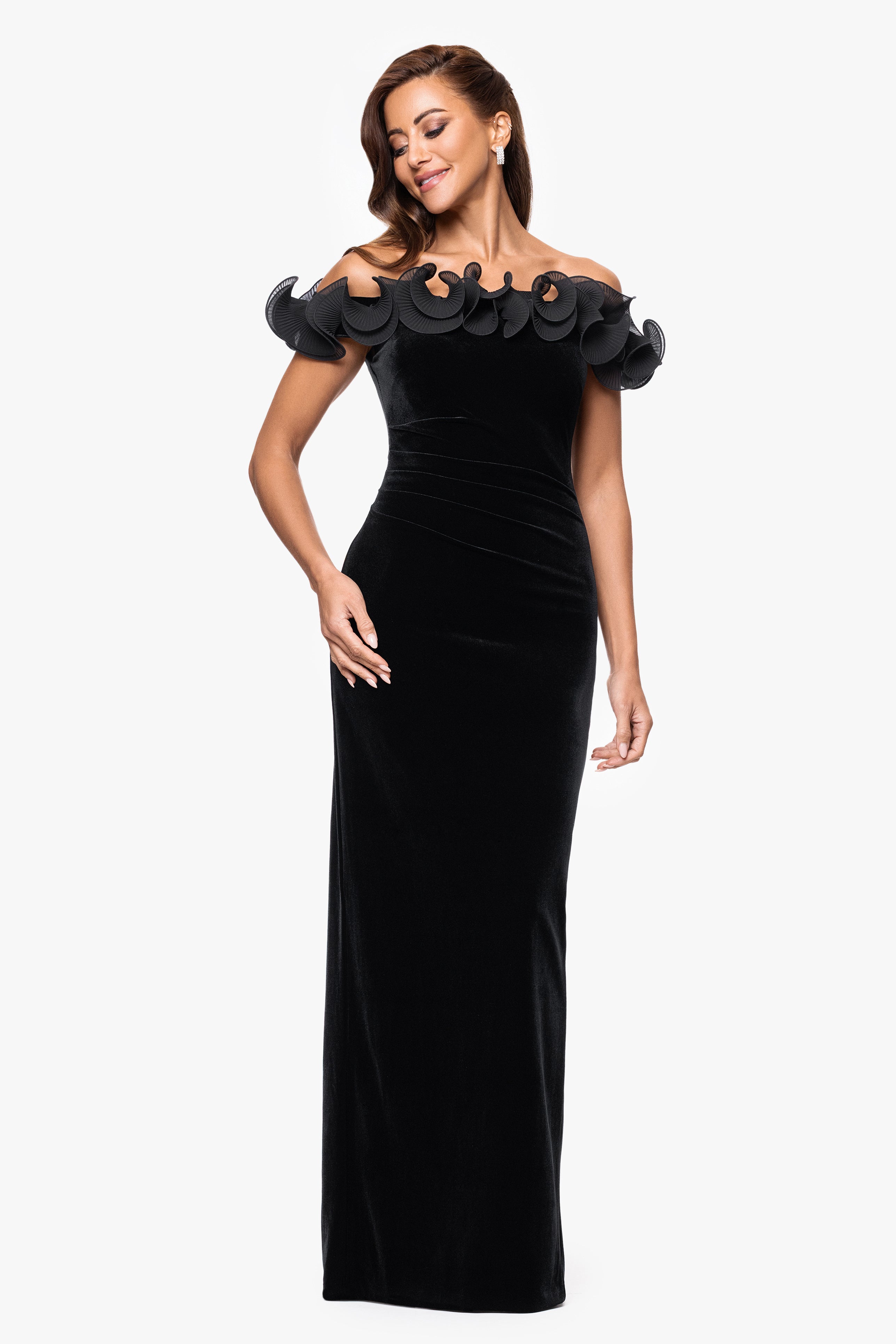 Petite "Tammie" Velvet Off the Shoulder Ruffle Dress