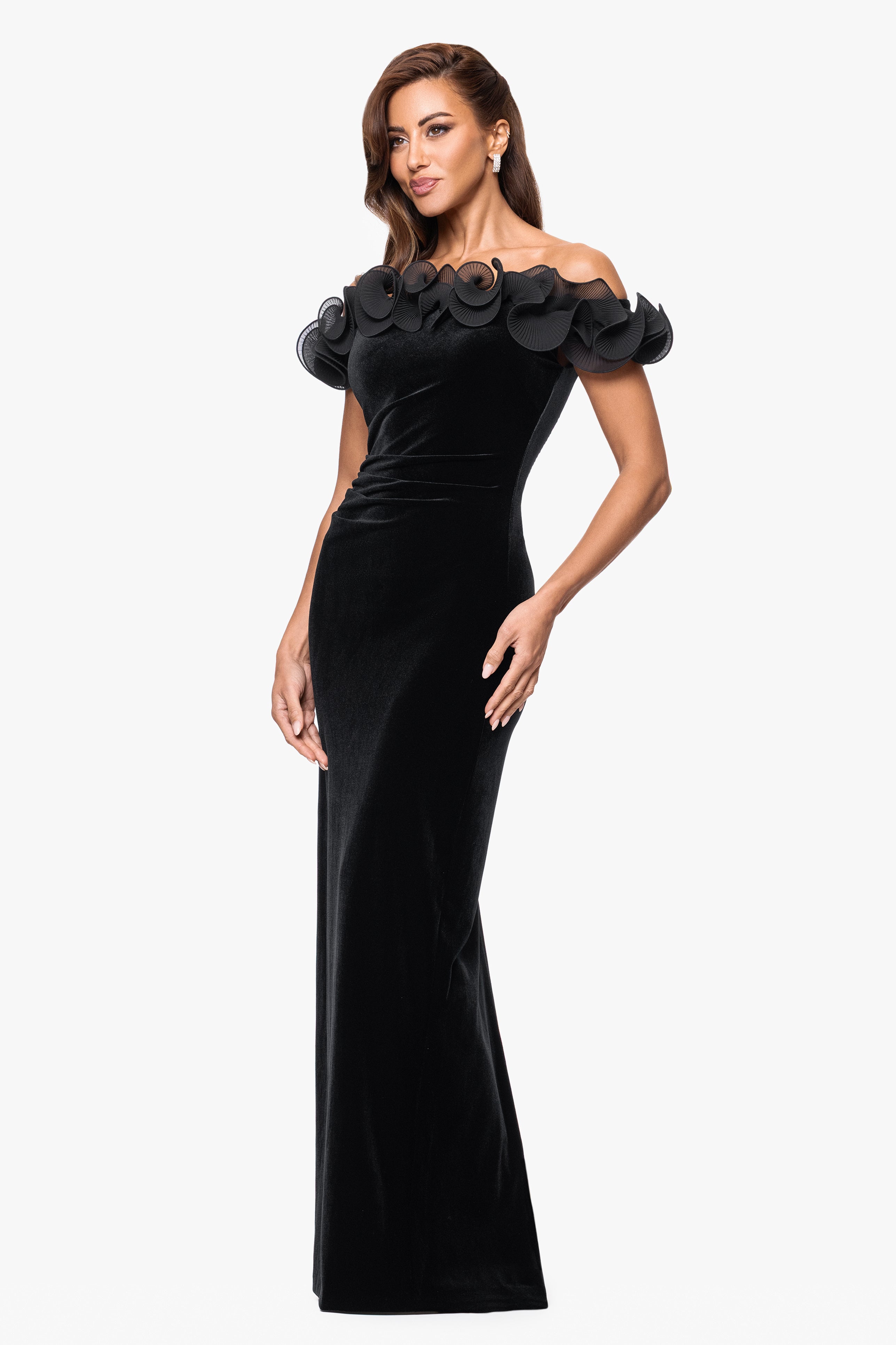 Petite "Tammie" Velvet Off the Shoulder Ruffle Dress