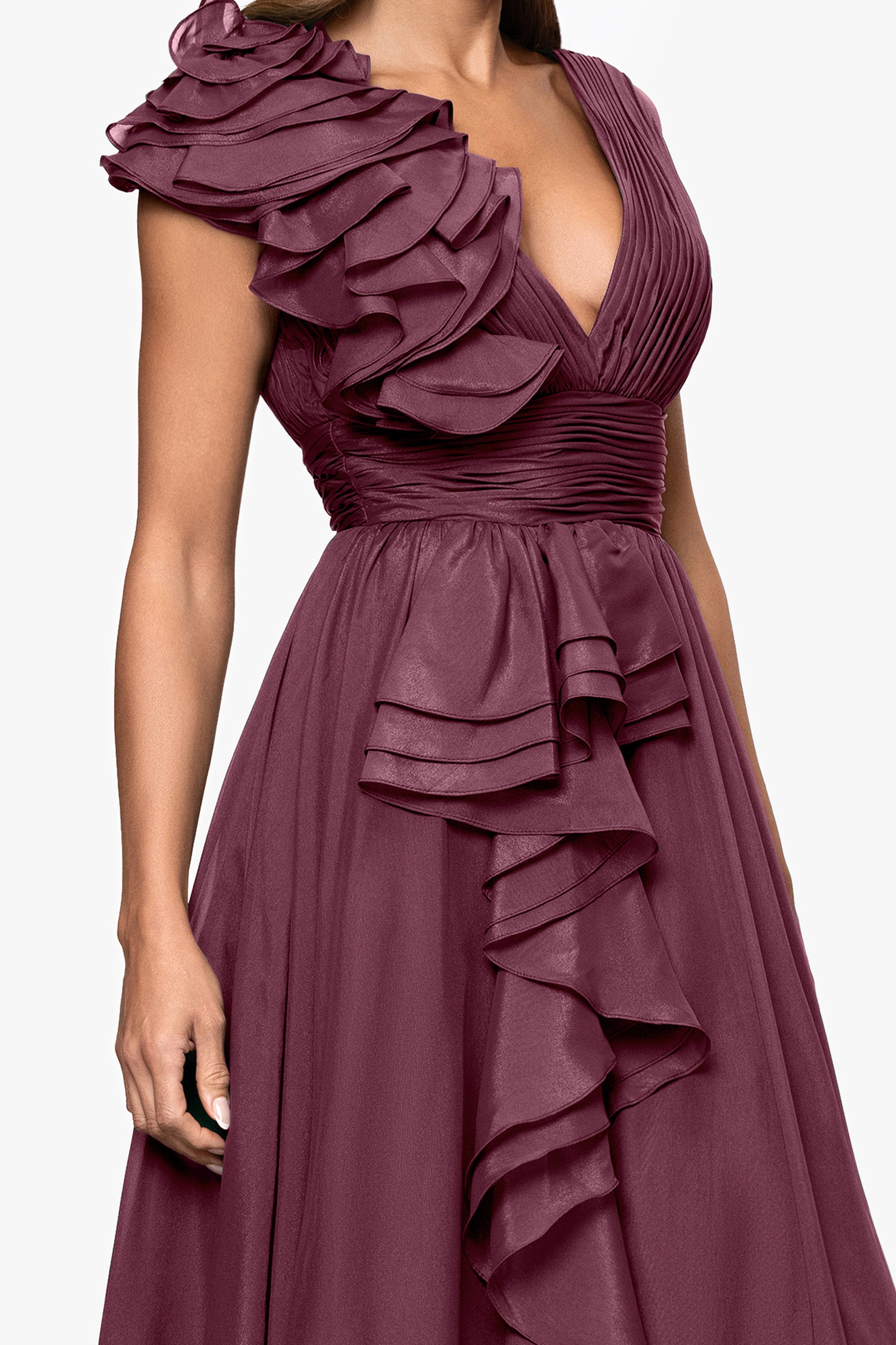 "Payton" Organza Ruffle V-Neck Floor Length Dress