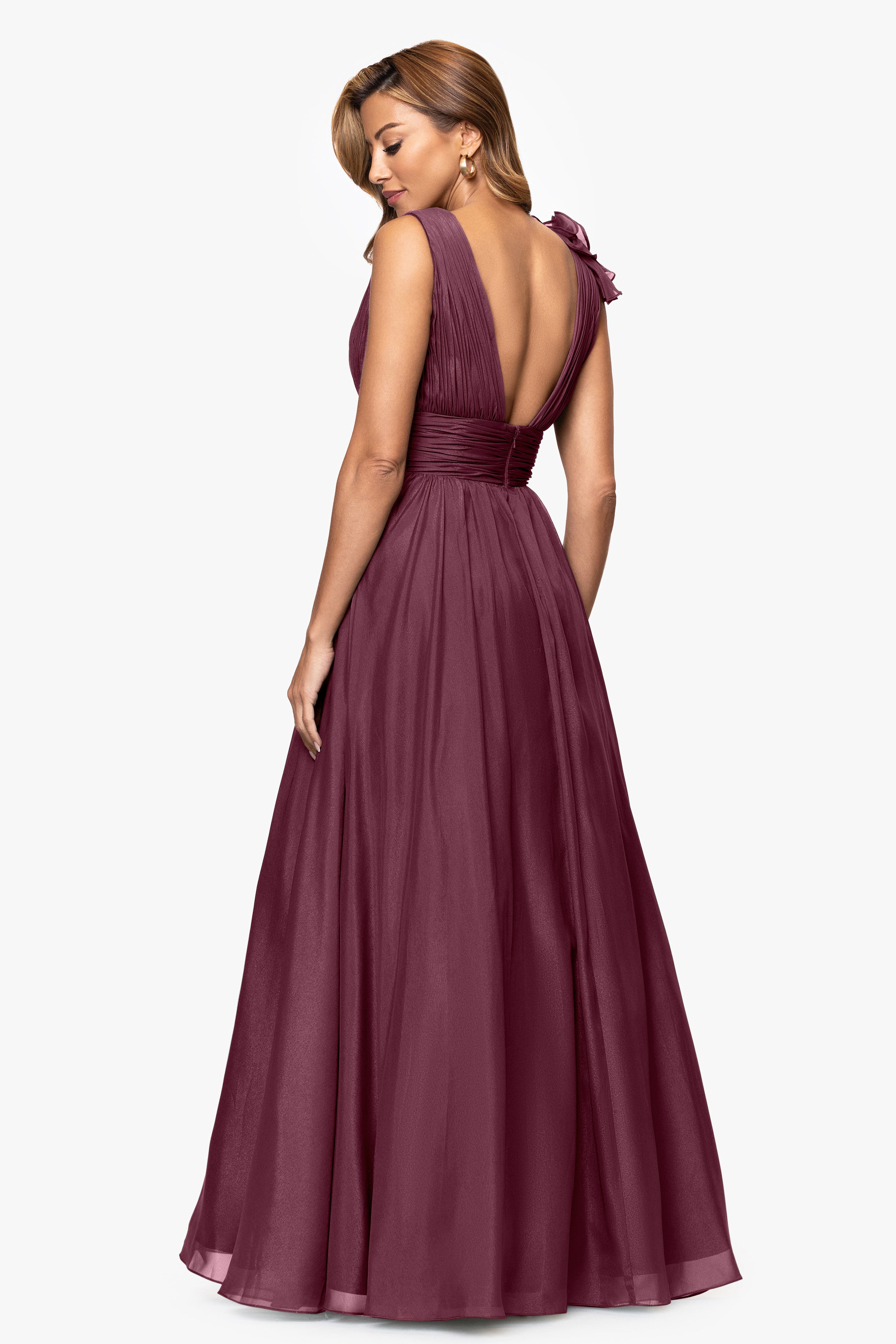 "Payton" Organza Ruffle V-Neck Floor Length Dress
