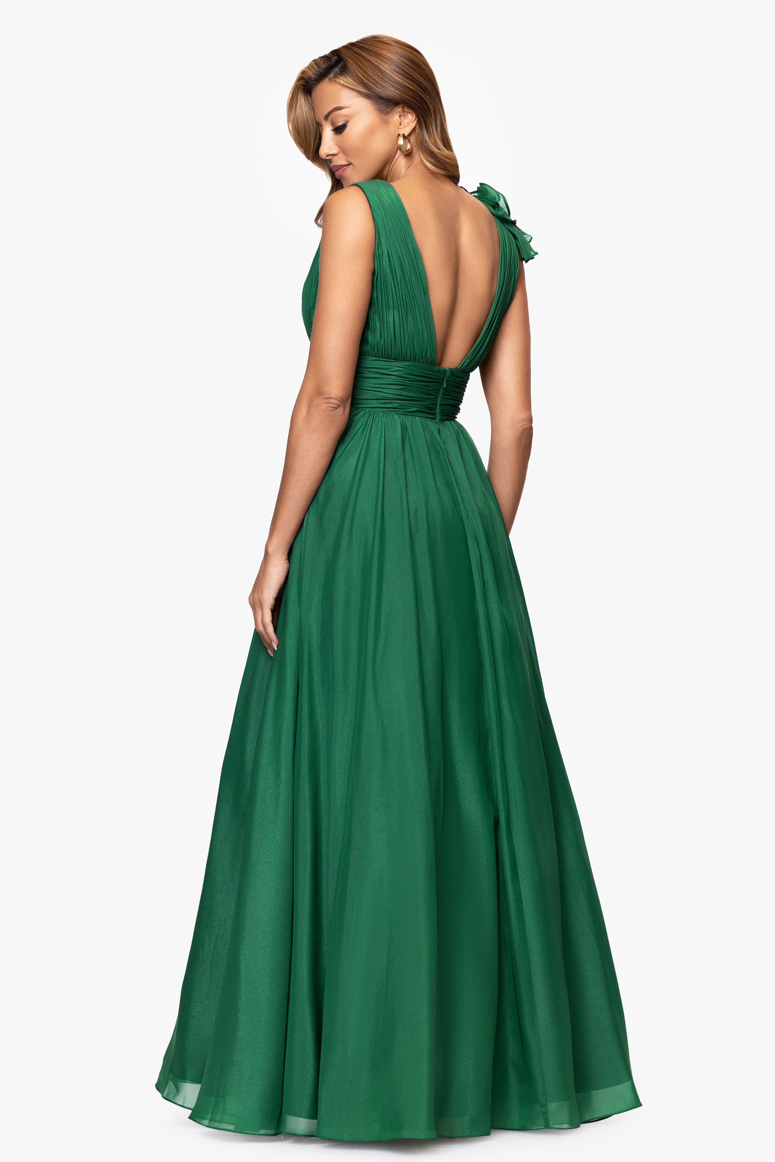 "Payton" Organza Ruffle V-Neck Floor Length Dress