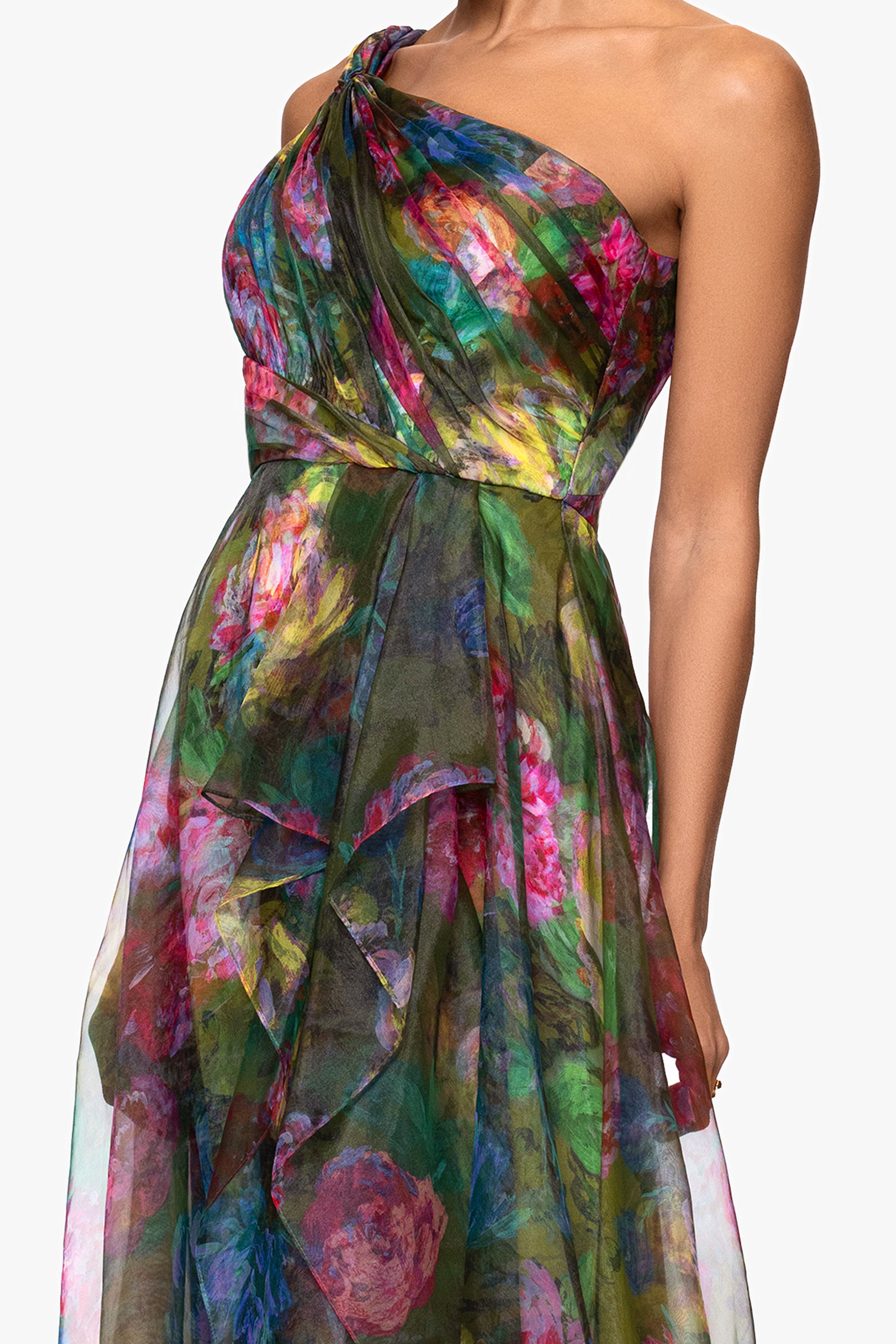 "Vera" Print Organza One Shoulder Floor Dress