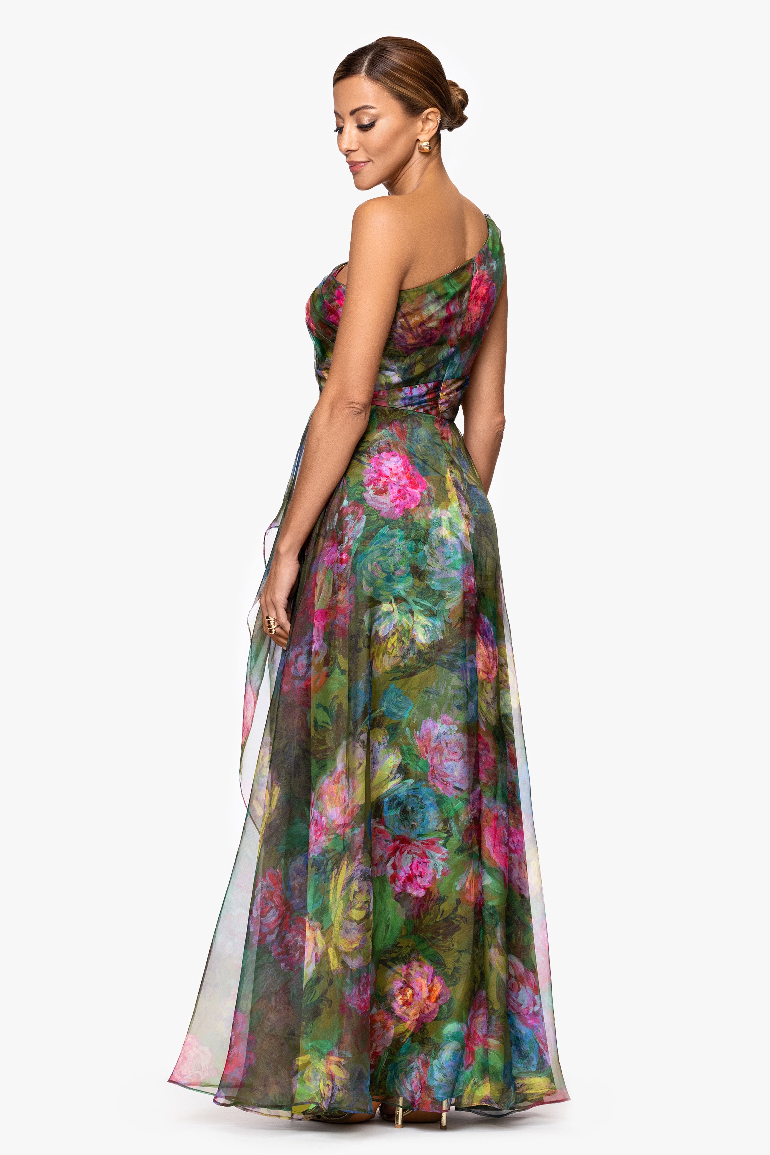 "Vera" Print Organza One Shoulder Floor Dress