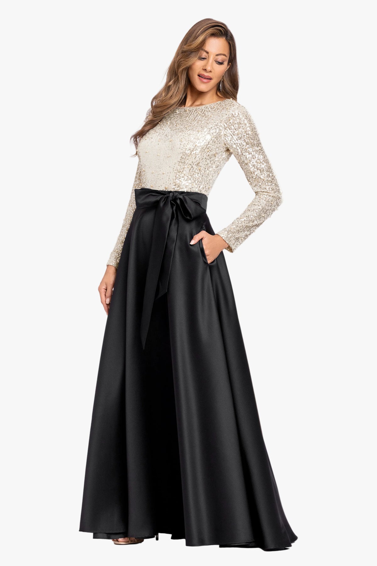 "Amanda" Satin Skirt and Sequin Bodice Long Sleeve Dress