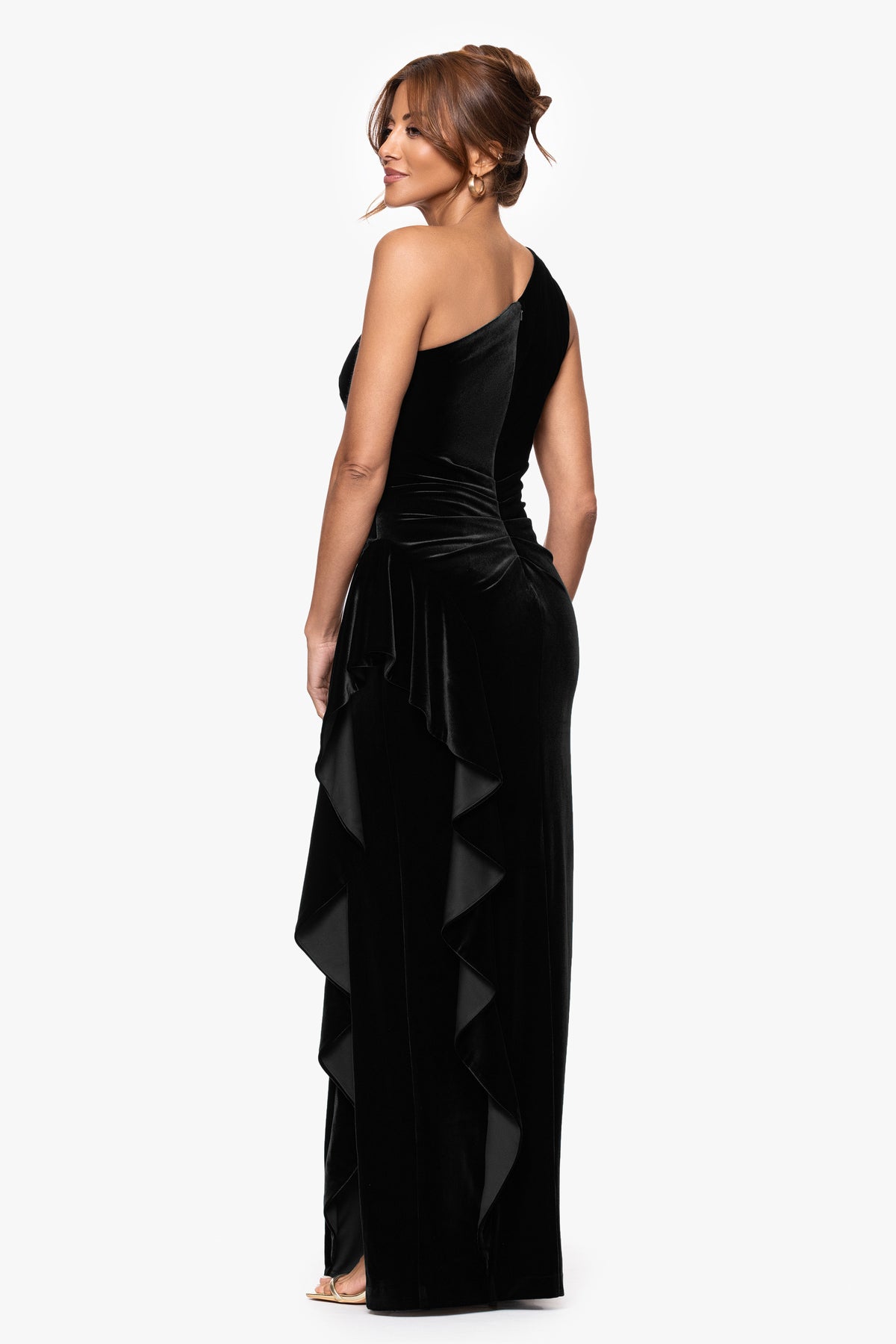 "Gemma" Stretch Velvet One Shoulder Ruffle Dress