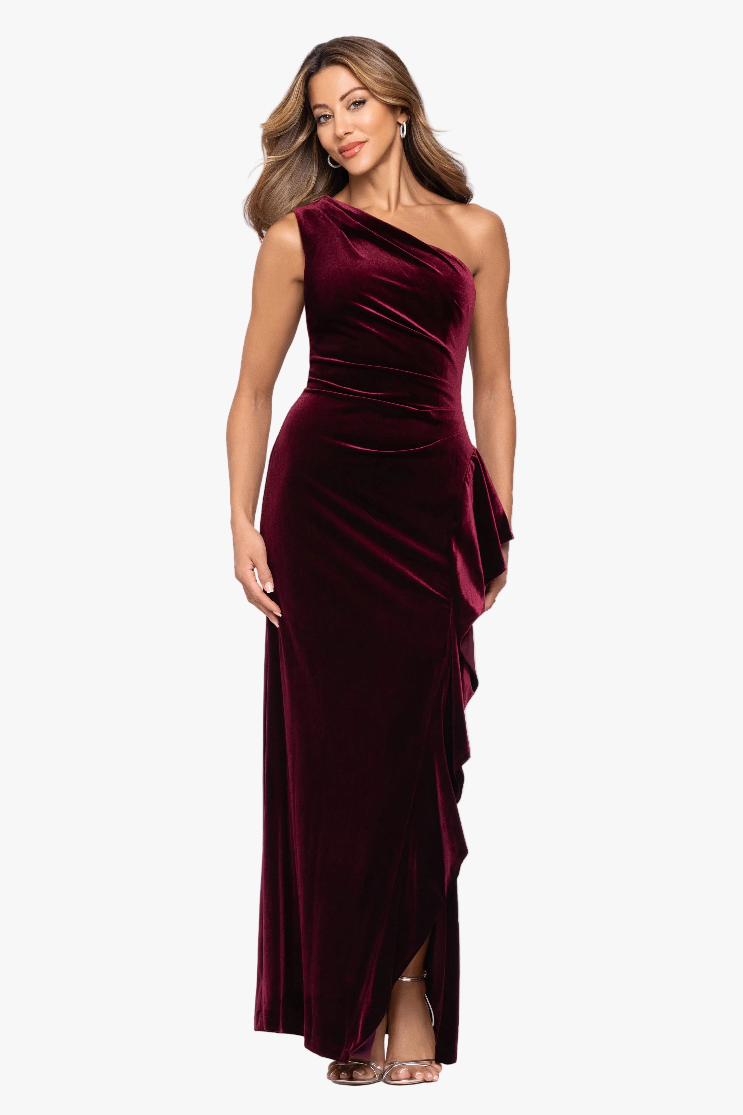 "Gemma" Stretch Velvet One Shoulder Ruffle Dress