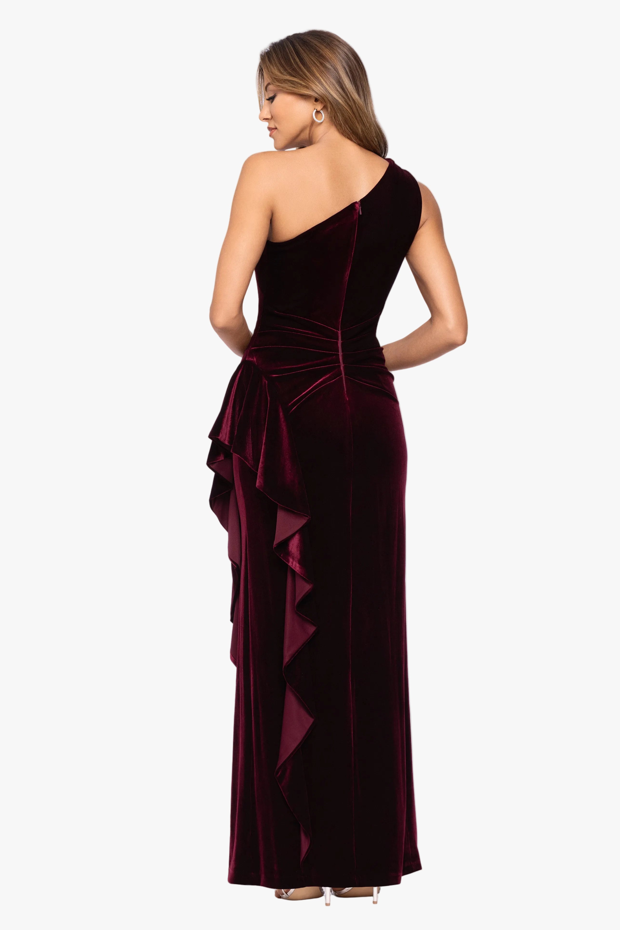 "Gemma" Stretch Velvet One Shoulder Ruffle Dress