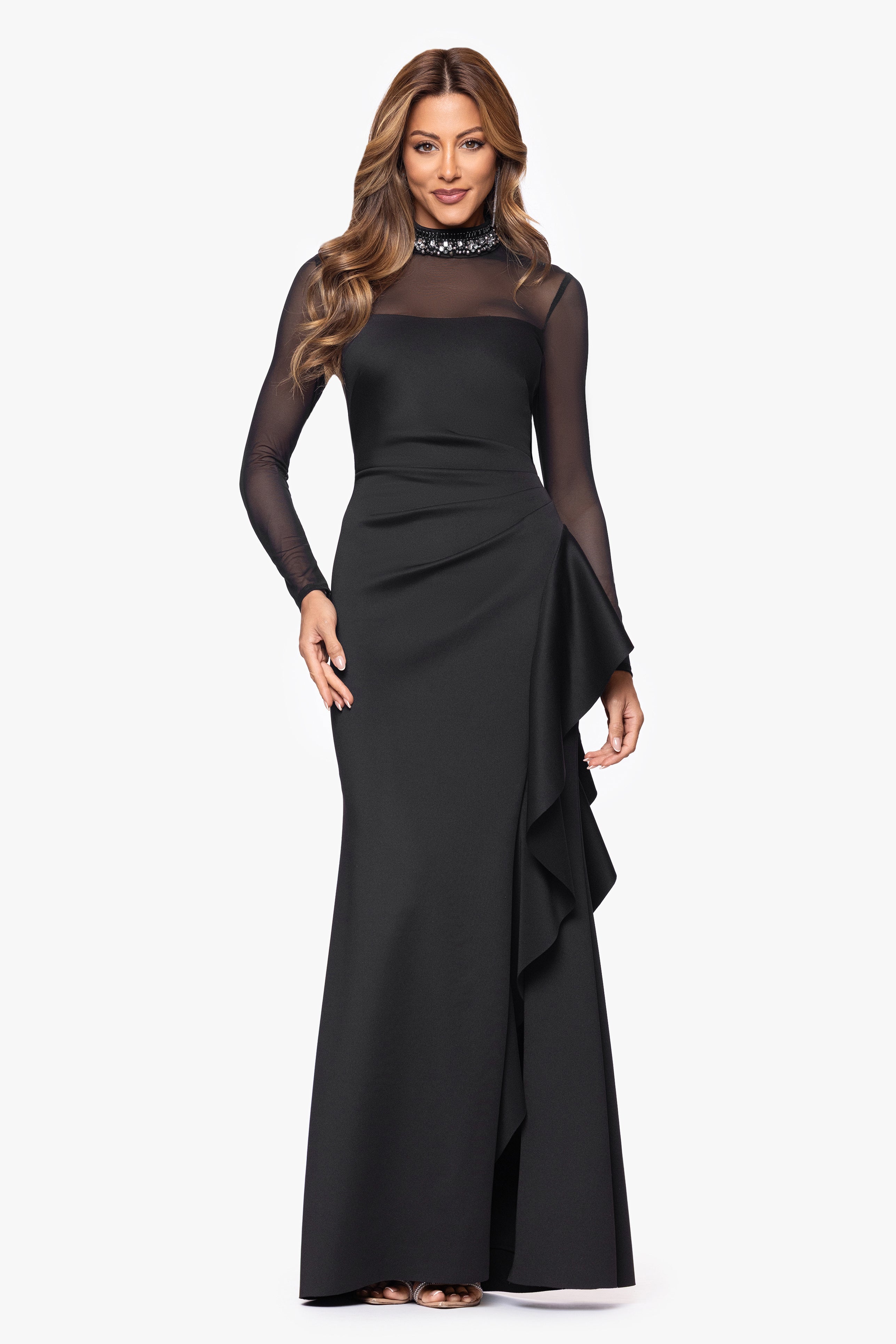 "Maxina" Techno Scuba Embellished Mock Neck and Mesh Long Sleeves Floor Length Dress
