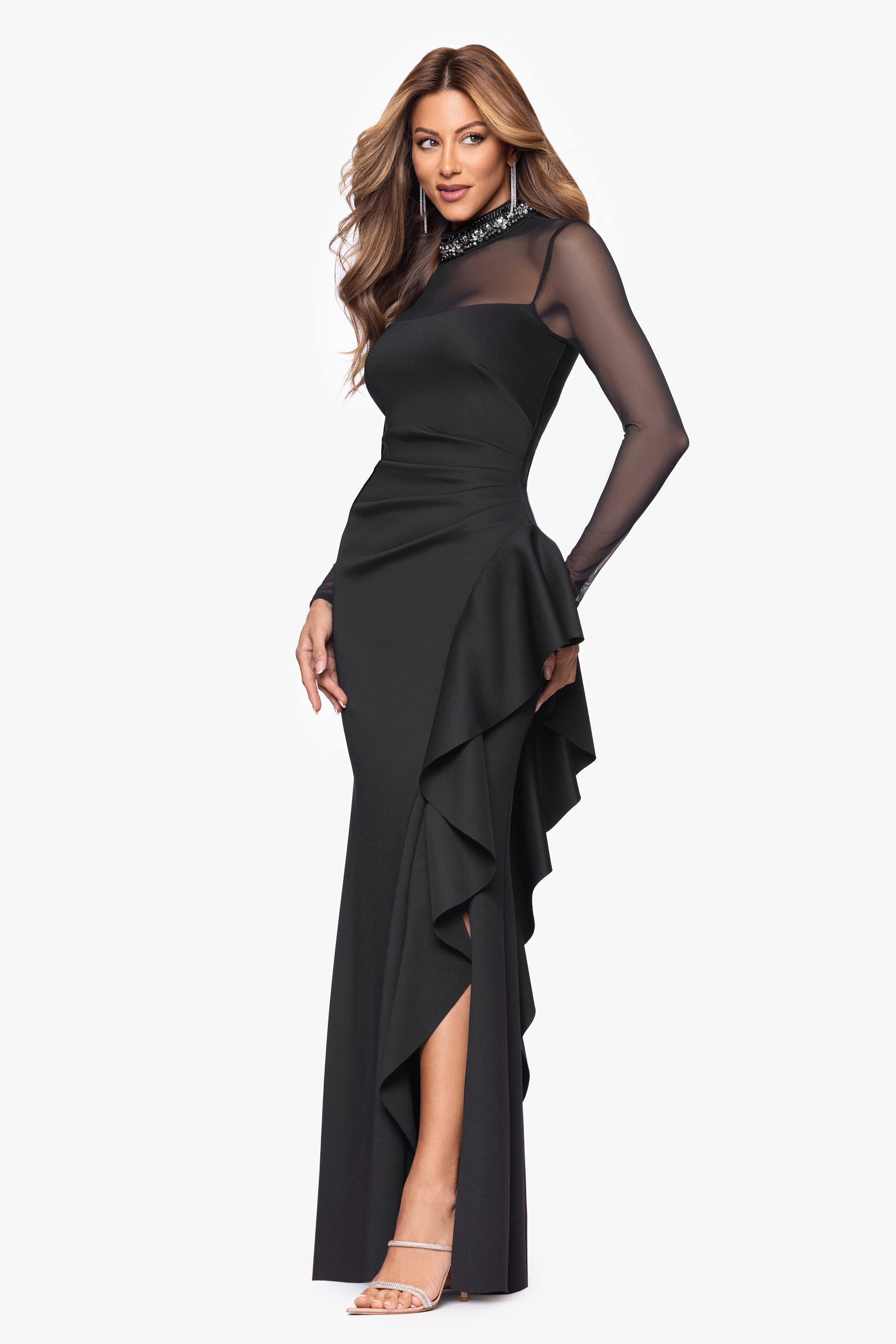 "Maxina" Techno Scuba Embellished Mock Neck and Mesh Long Sleeves Floor Length Dress