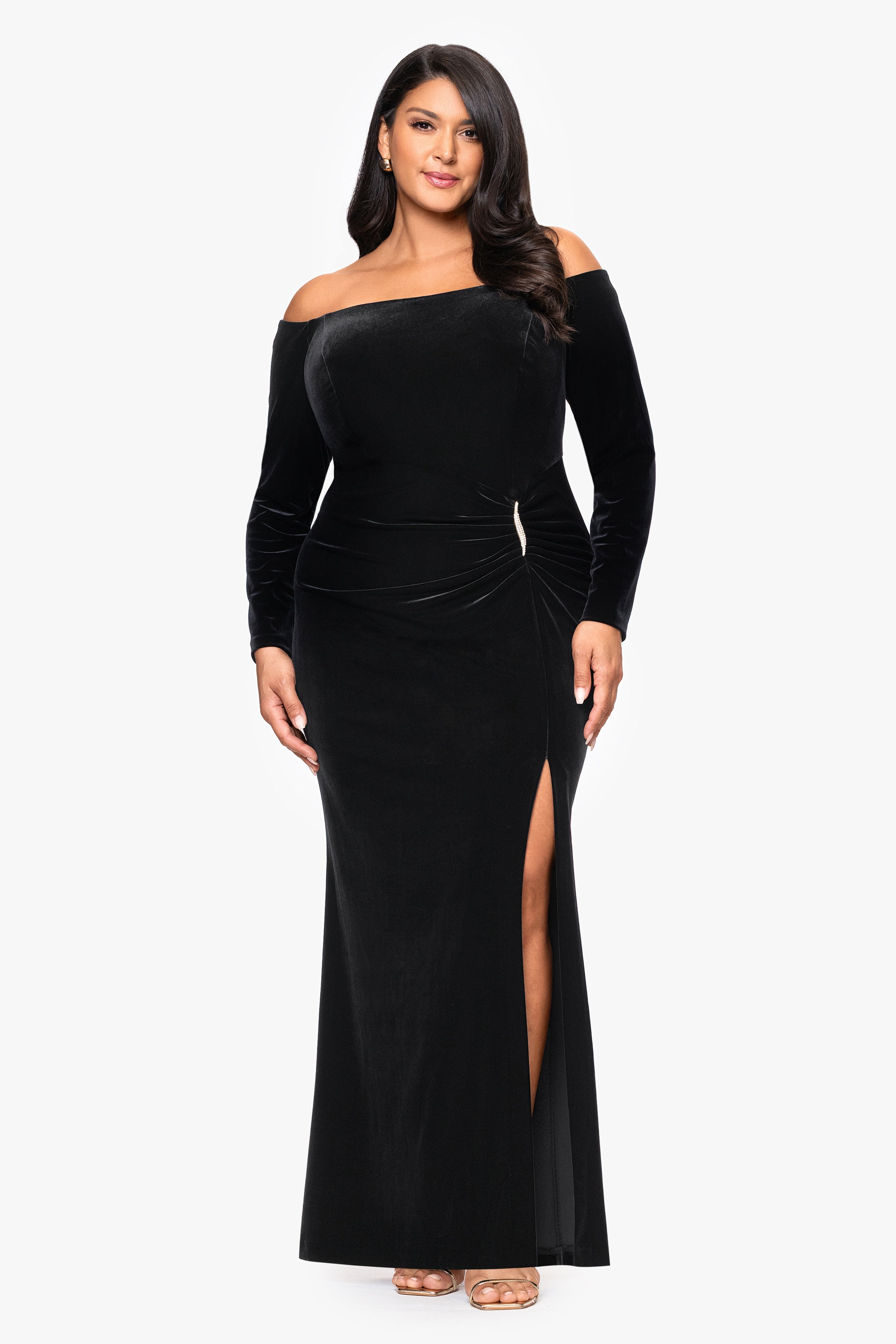Plus "Danni" Velvet Off The Shoulder Long Sleeve Dress