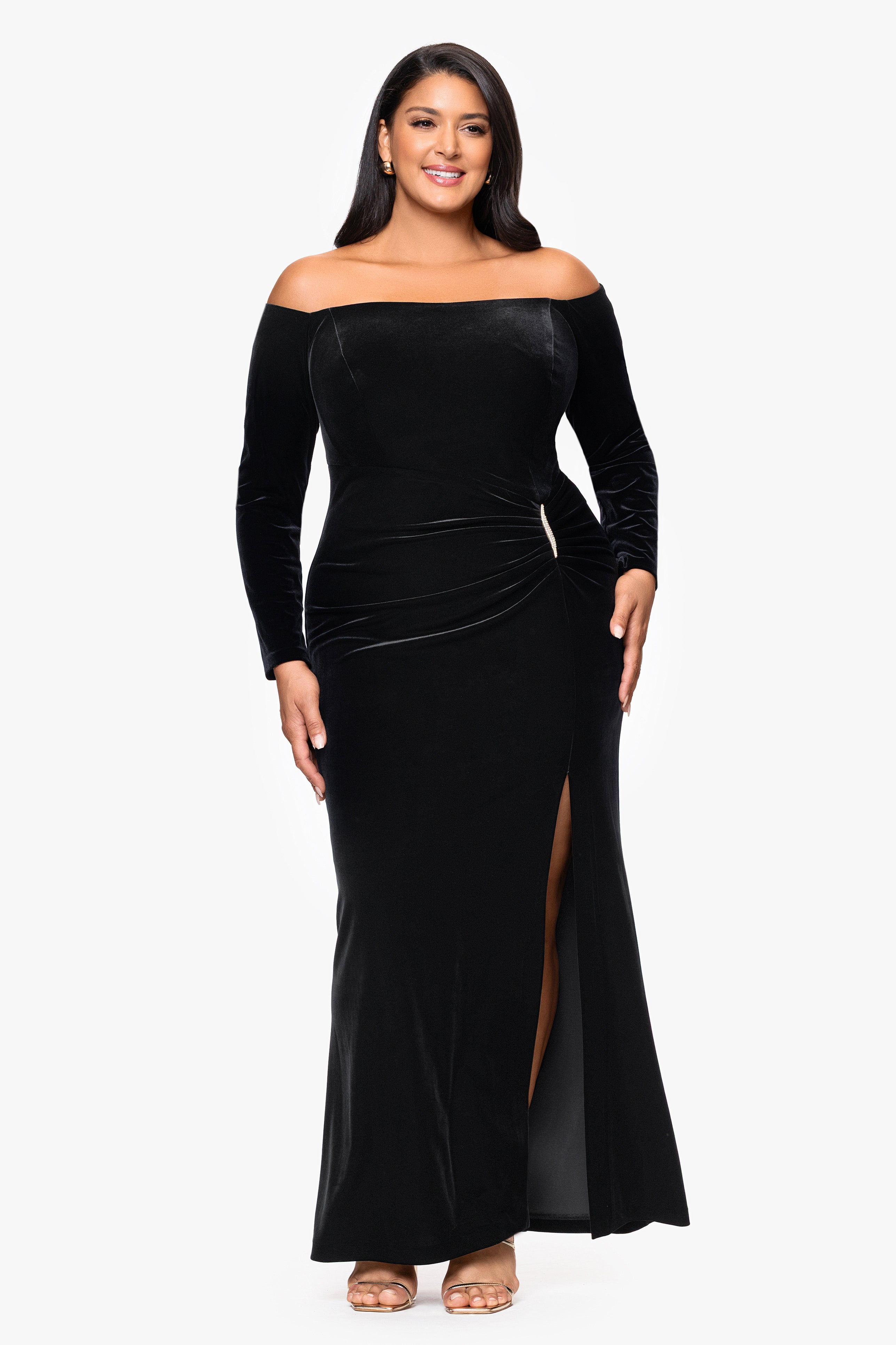 Plus "Danni" Velvet Off The Shoulder Long Sleeve Dress