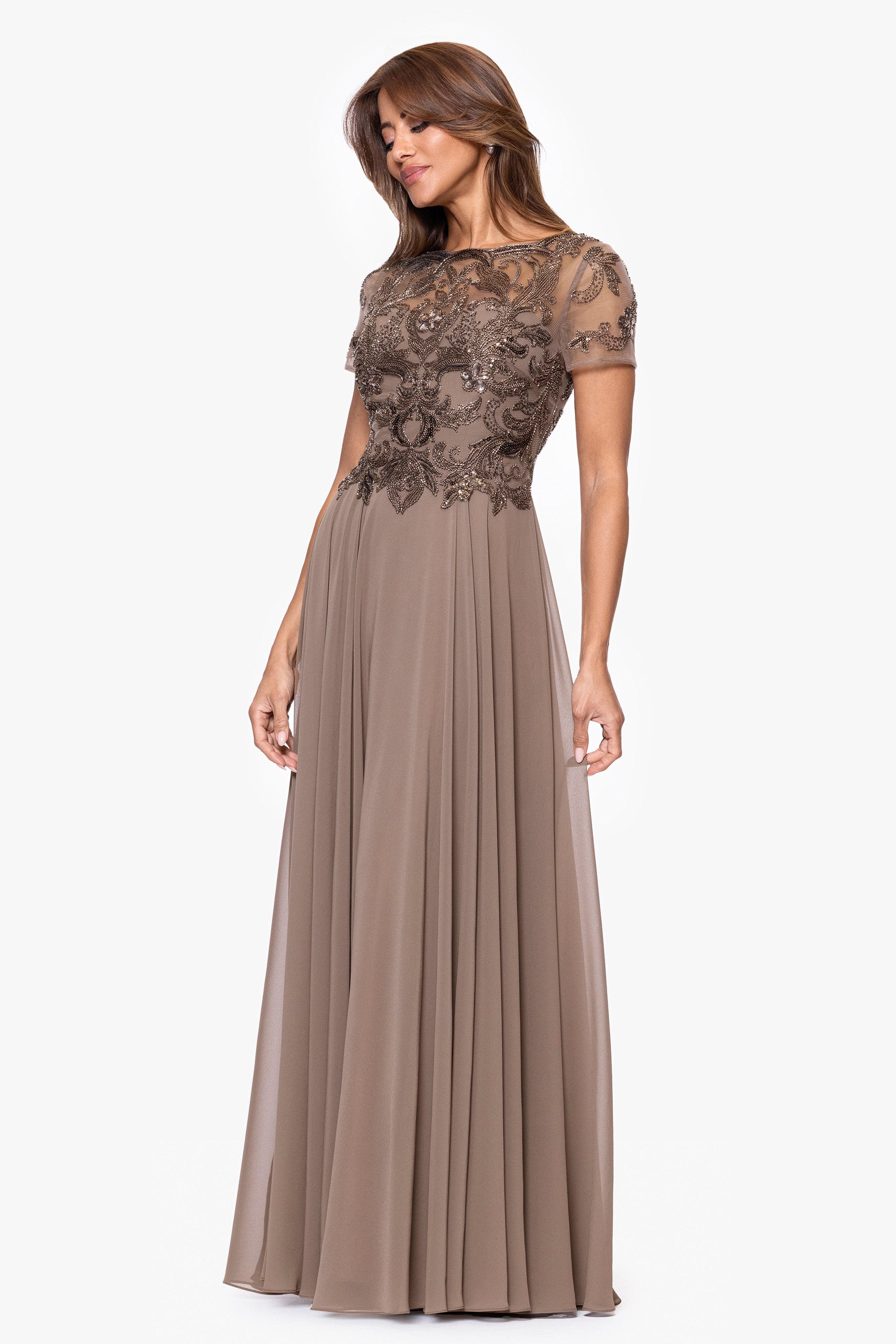 Petite "Terri" Beaded Mesh Top And Chiffon Skirt Dress