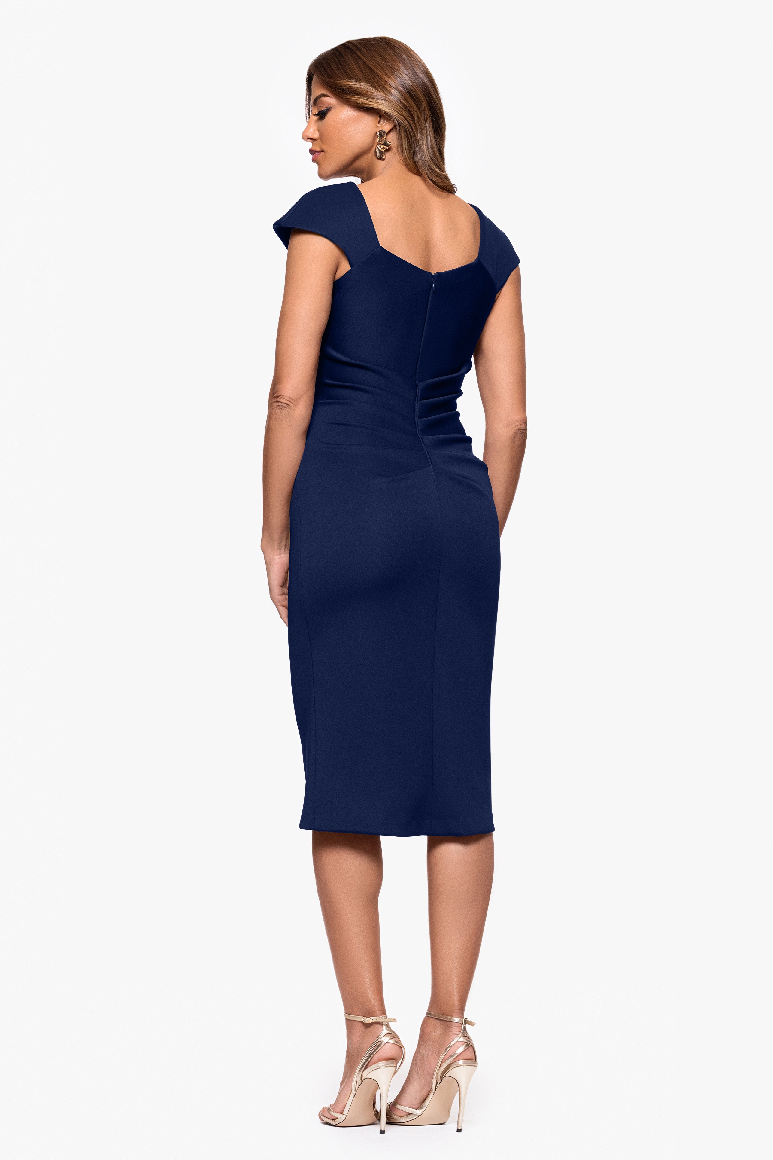 "Lyla" Techno Scuba Asymmetrical Neckline Knee Length Dress