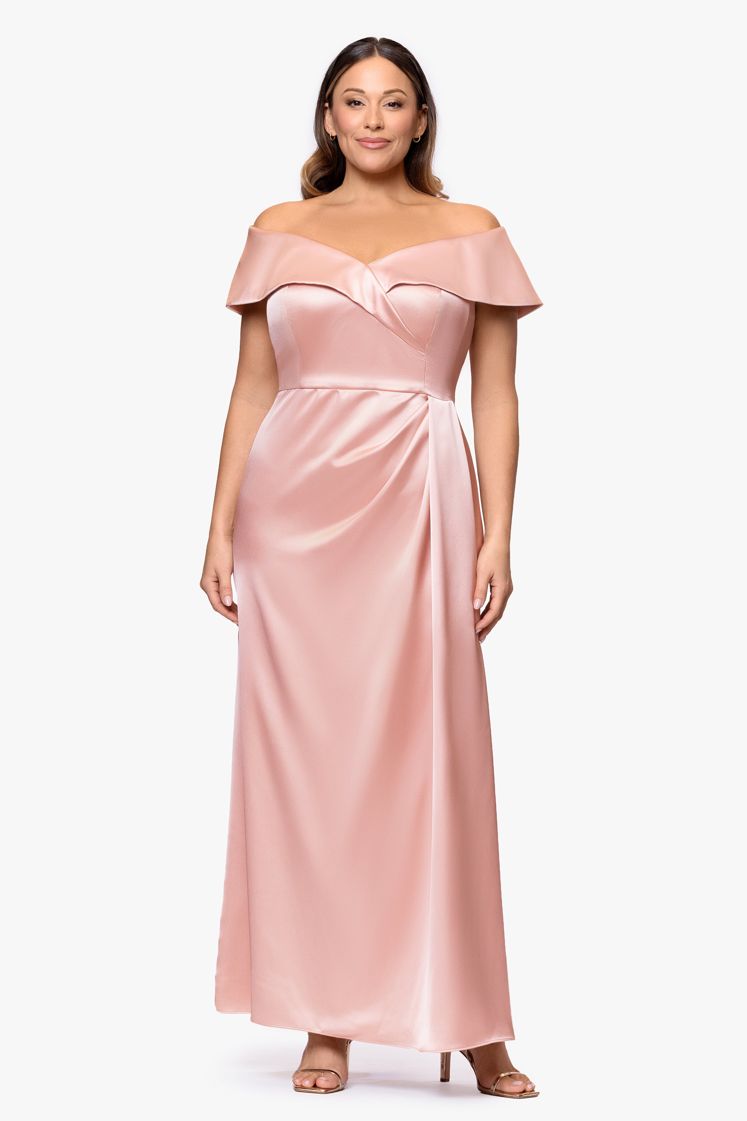 Plus "Daliah" Satin Off the Shoulder Floor Length Dress