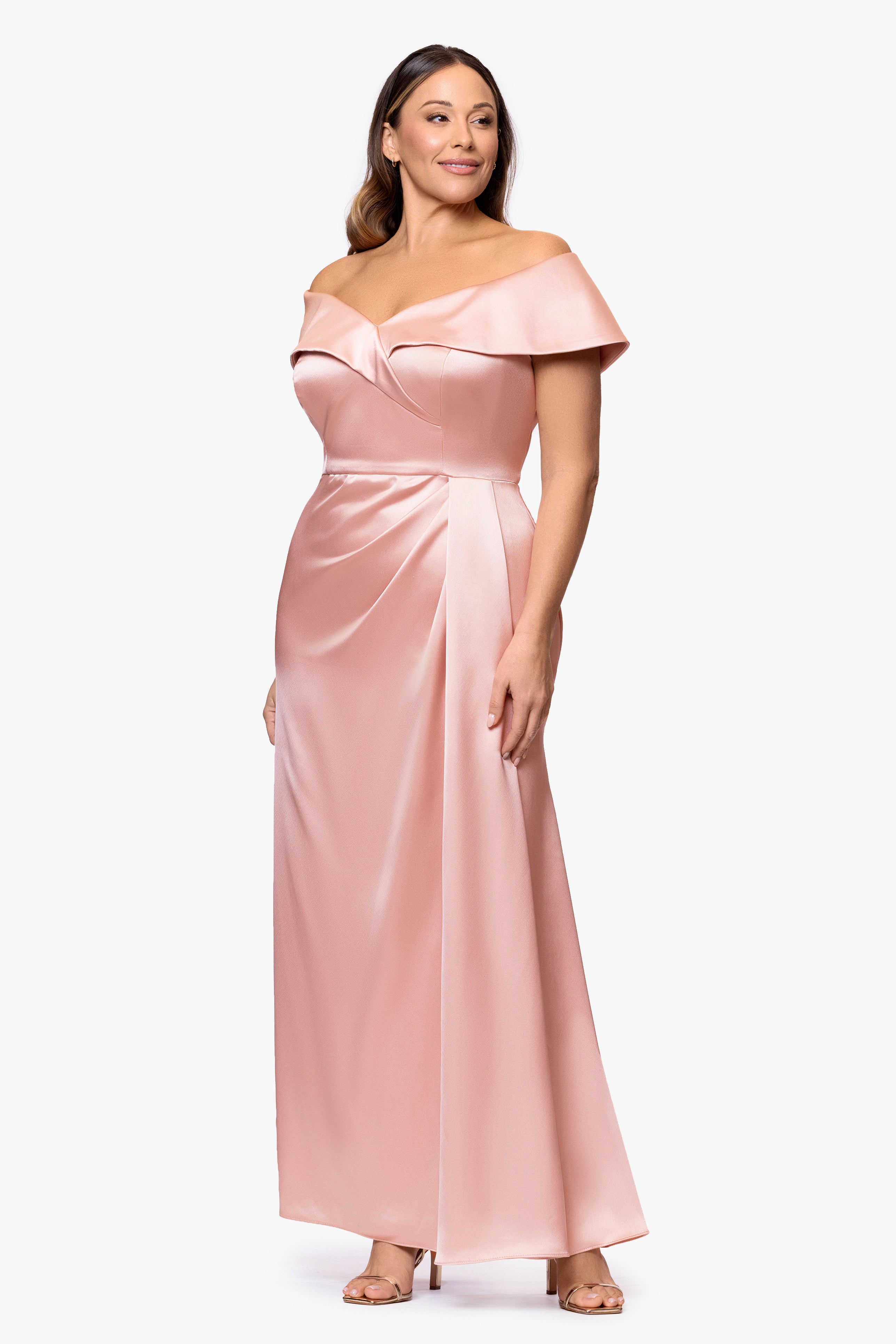 Plus "Daliah" Satin Off the Shoulder Floor Length Dress