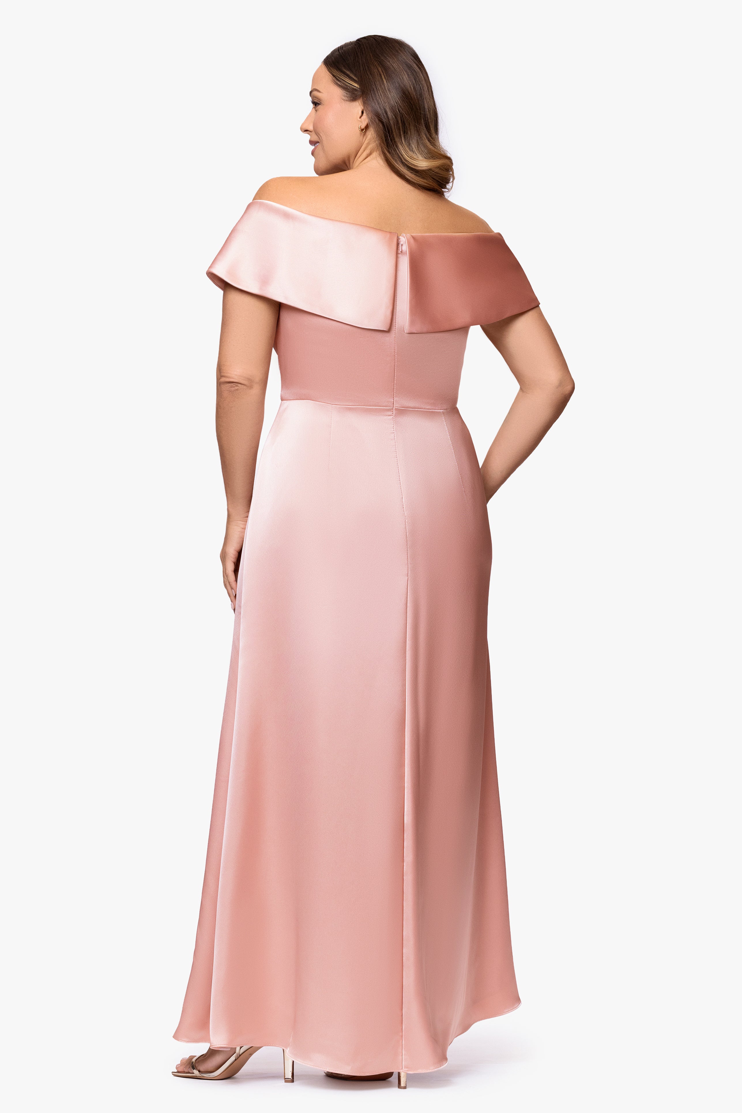 Plus "Daliah" Satin Off the Shoulder Floor Length Dress
