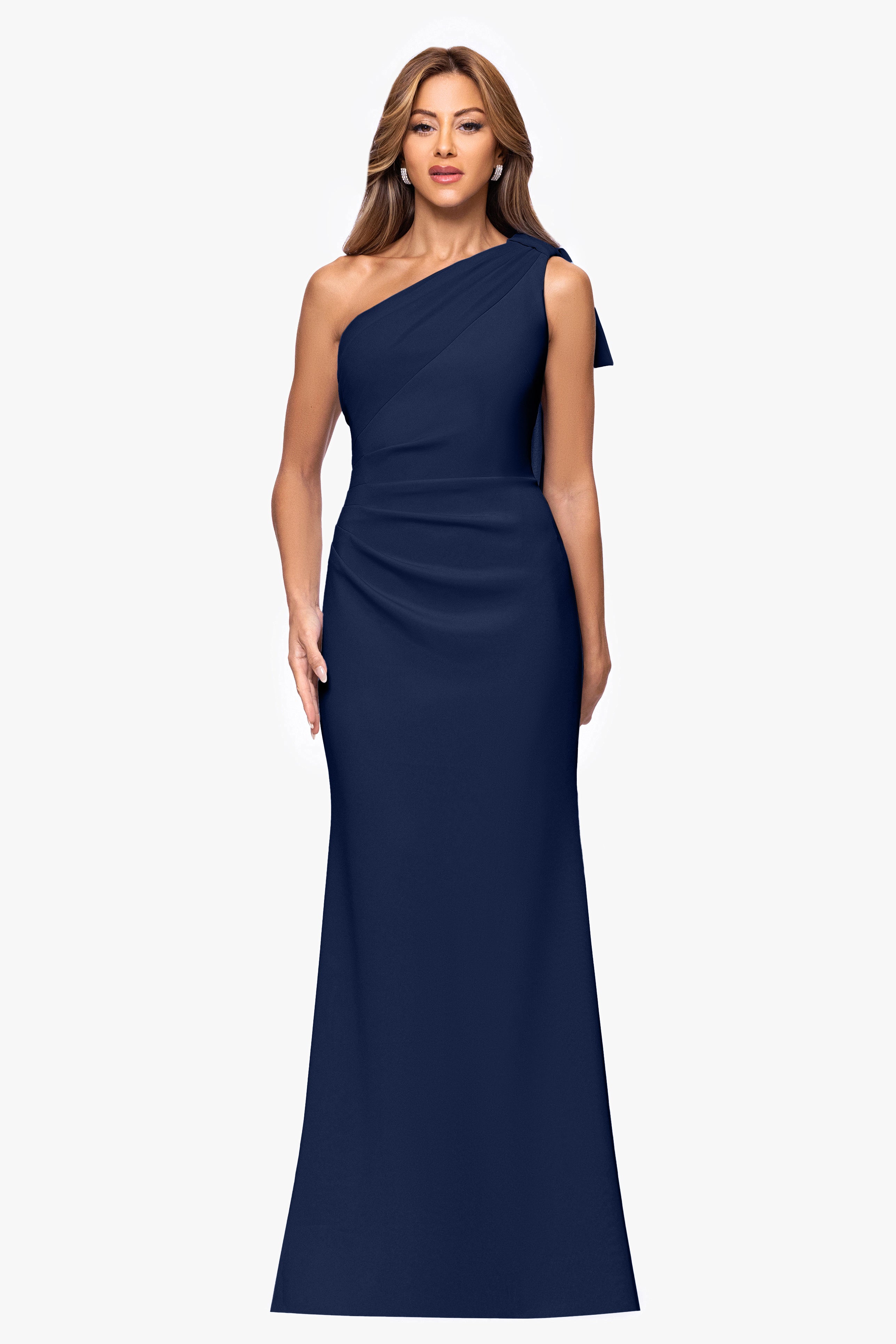 Petite "Gwen" Techno Scuba One Shoulder Sash Dress