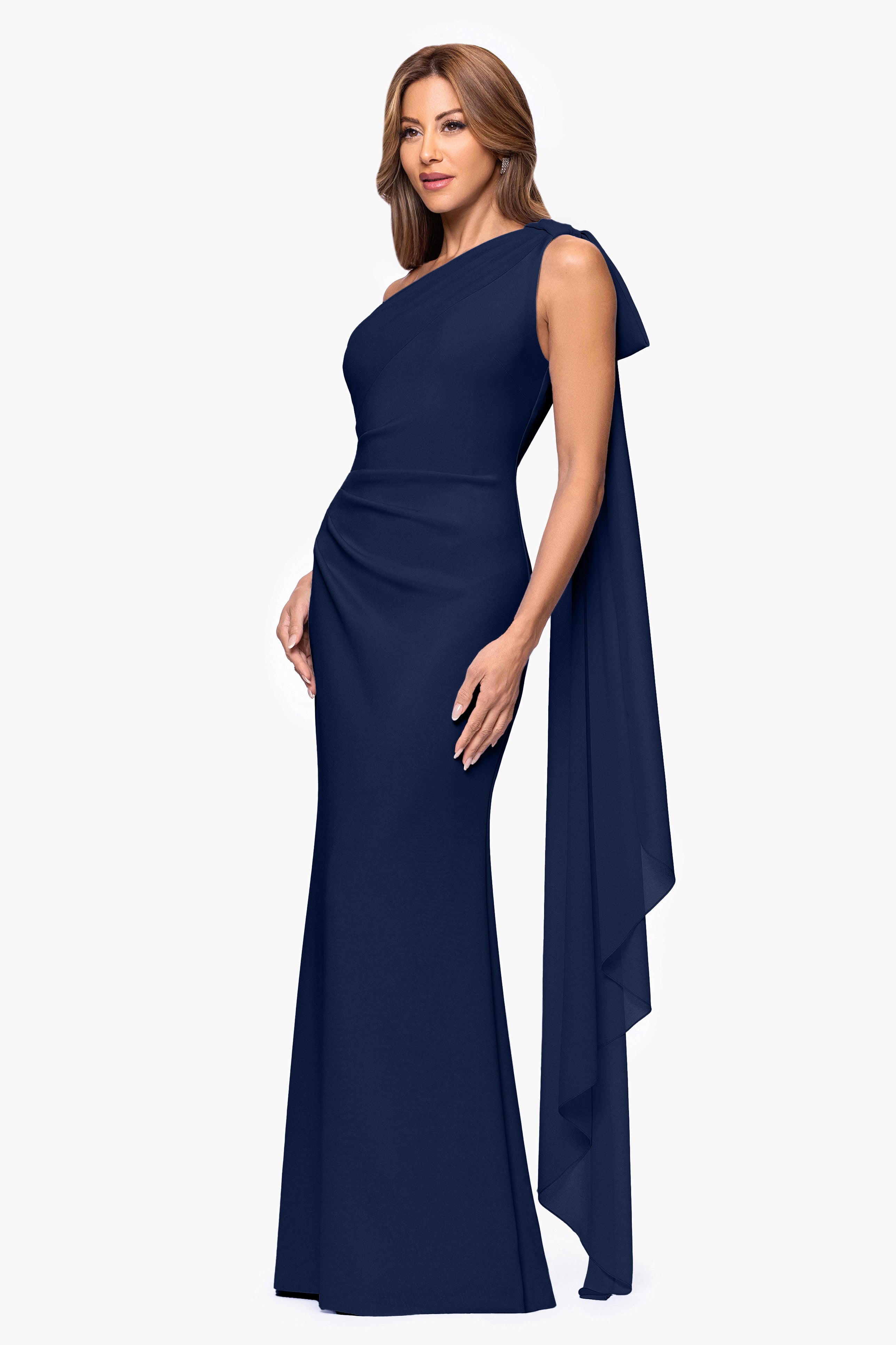 "Gwen" Techno Scuba One Shoulder Sash Dress