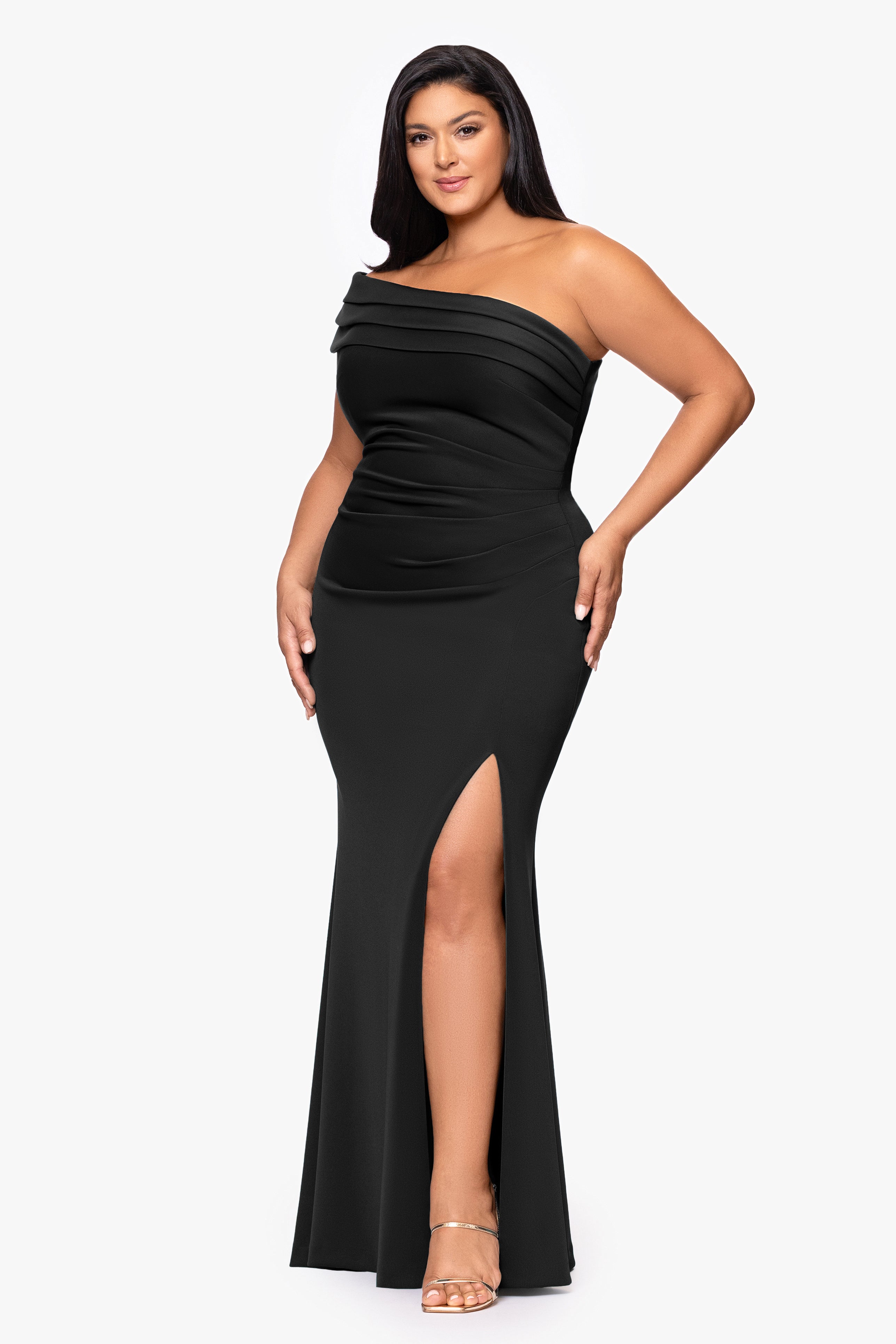 Plus "Whitney" Techno Scuba One Shoulder Off the Shoulder Floor Length Dress