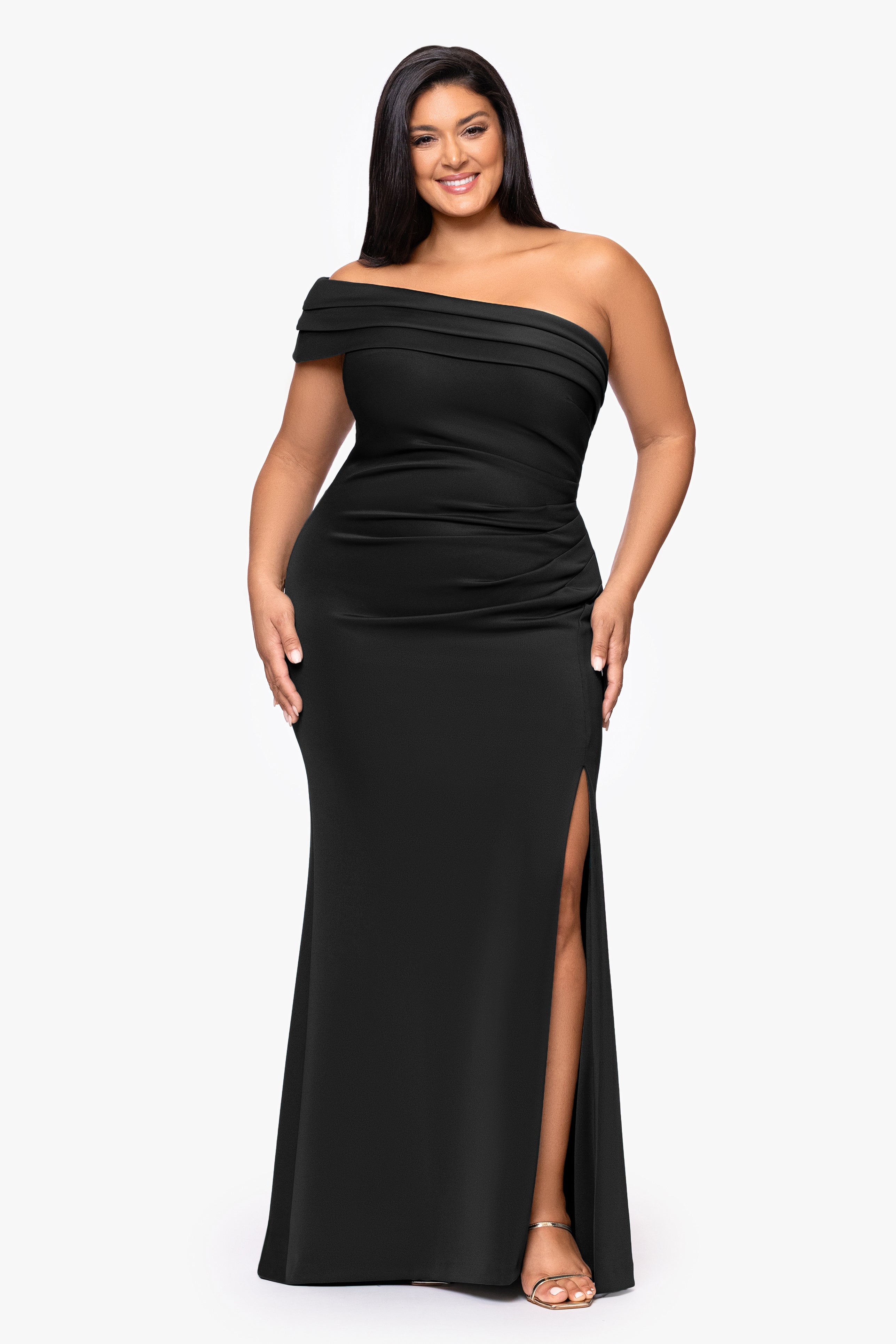 Plus "Whitney" Techno Scuba One Shoulder Off the Shoulder Floor Length Dress