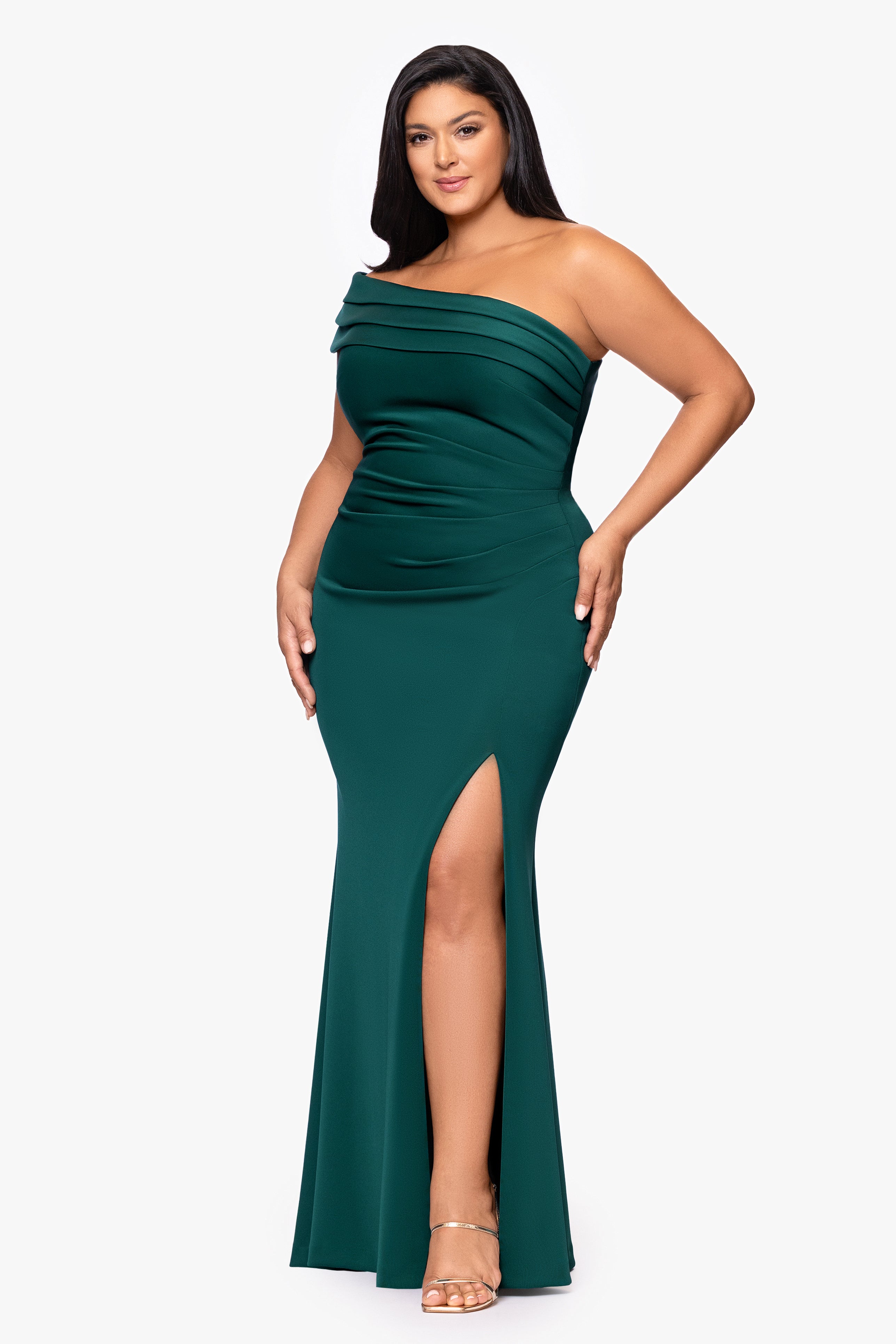 Plus "Whitney" Techno Scuba One Shoulder Off the Shoulder Floor Length Dress