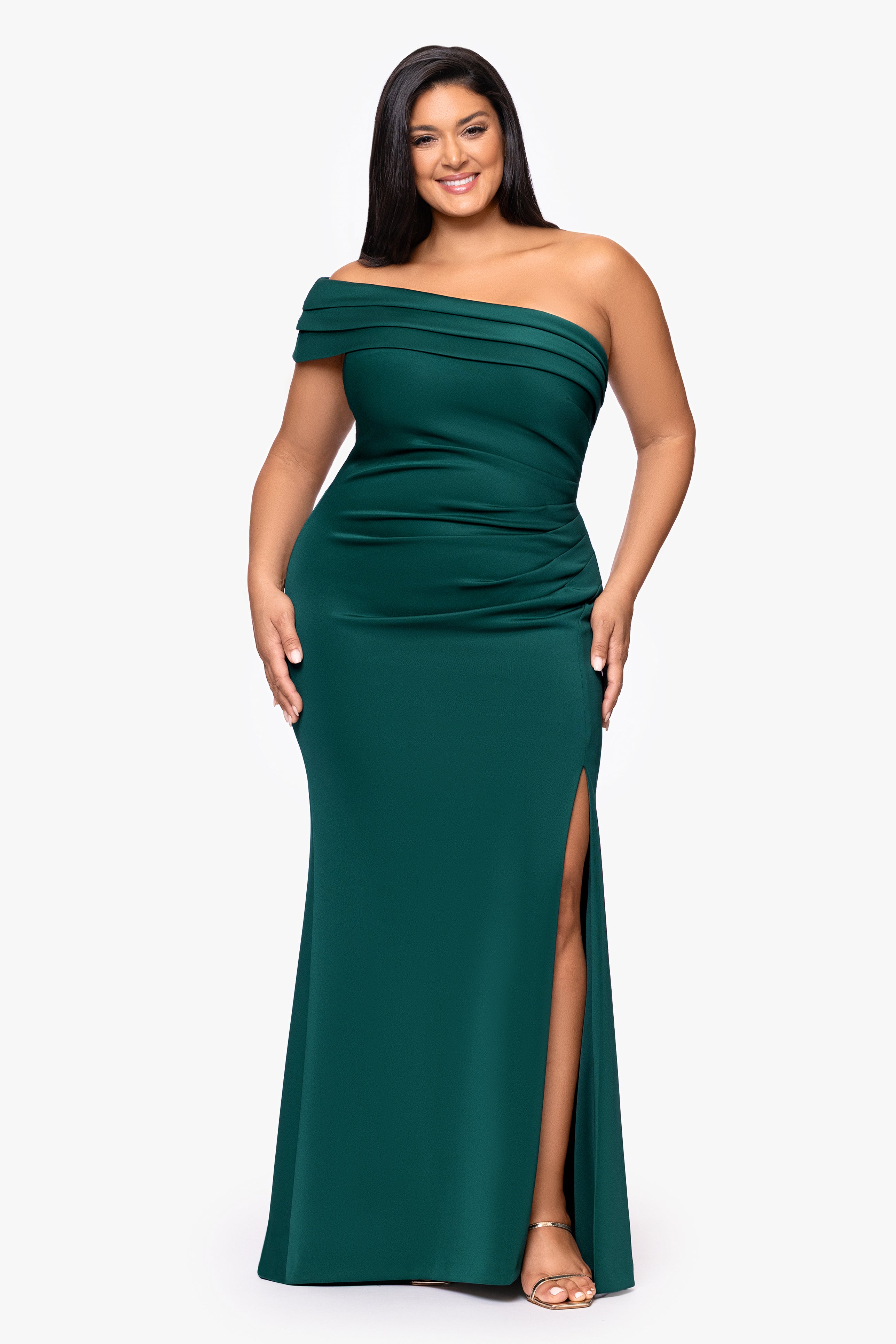 Plus "Whitney" Techno Scuba One Shoulder Off the Shoulder Floor Length Dress